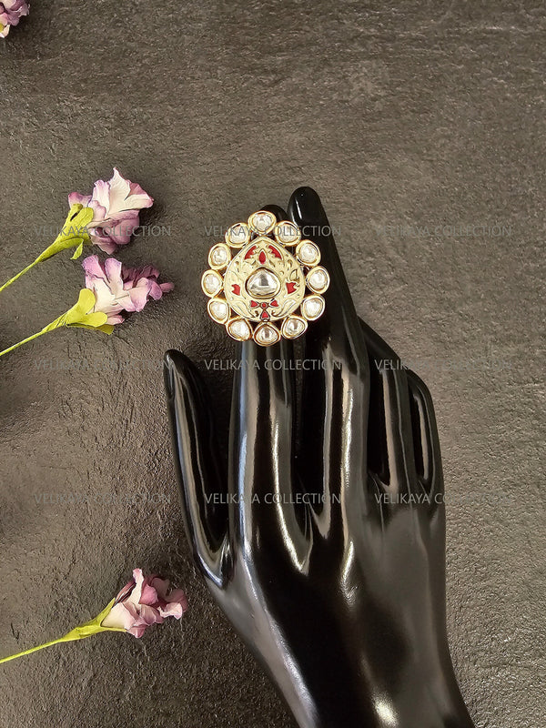 Meenakari Kundan Ring - Ruby White