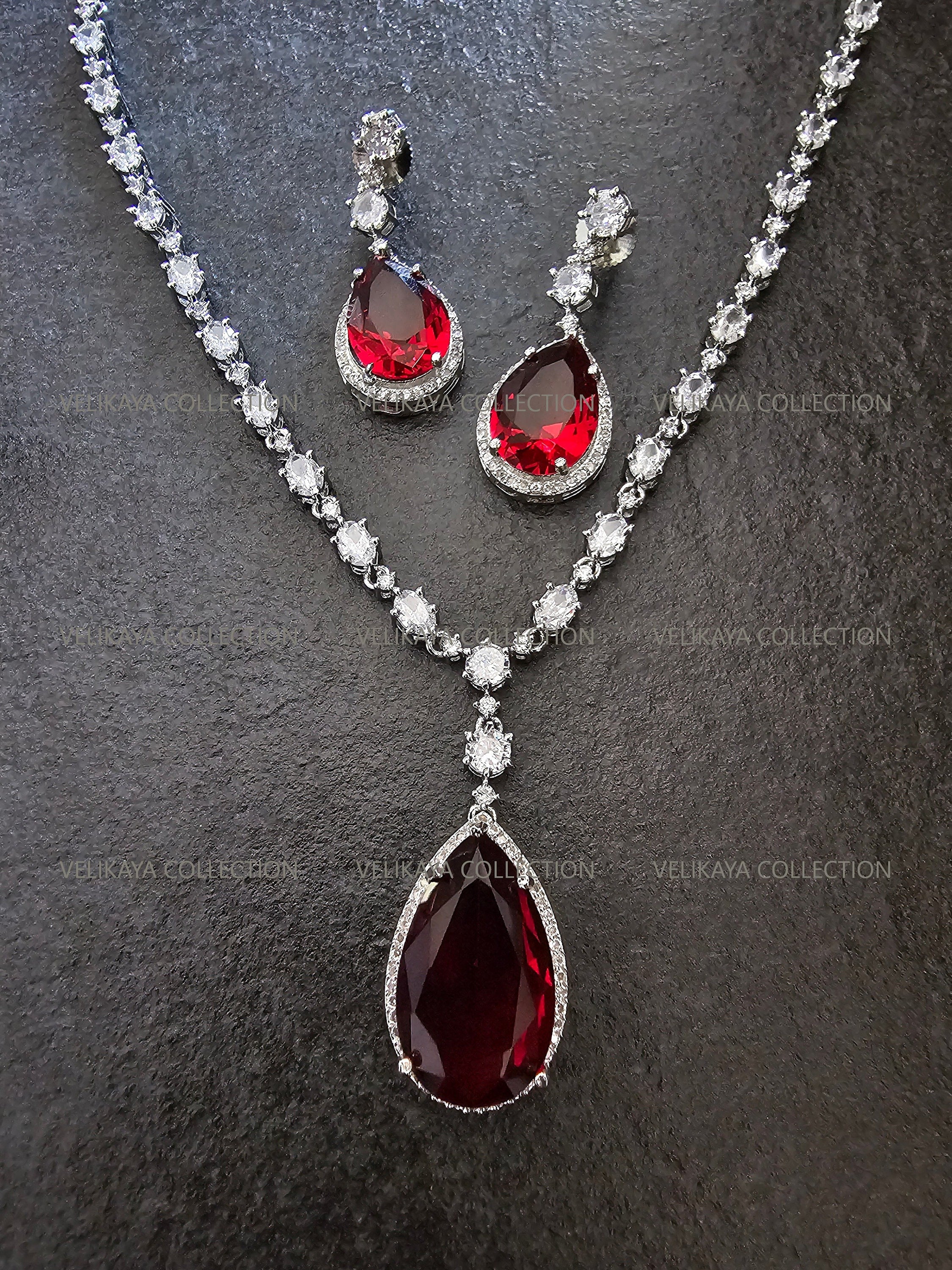 Mila Red Pendant CZ Diamond Necklace Set