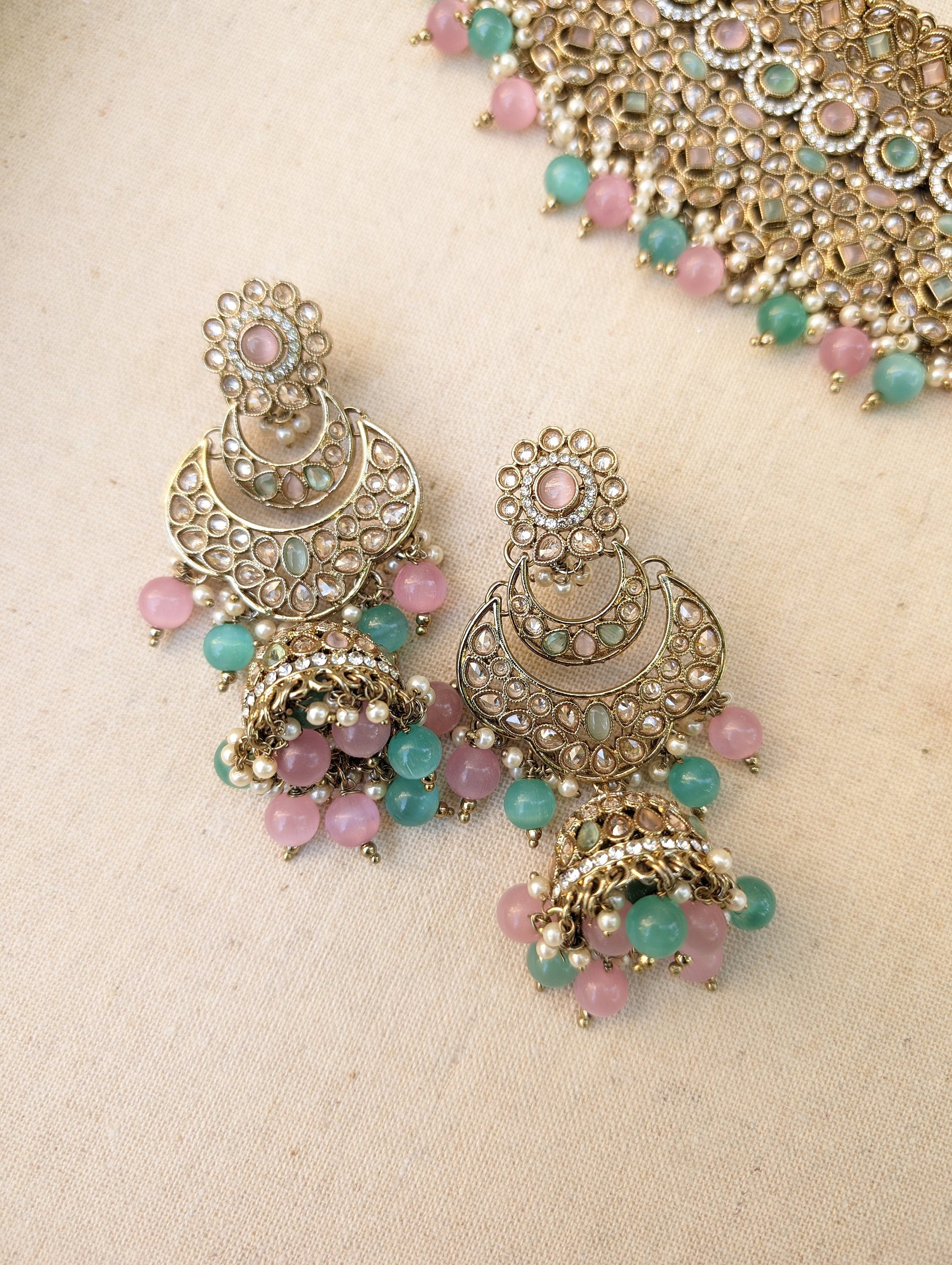 Nysa Pink Mint Bridal Necklace Jhumka Earrings Tikka