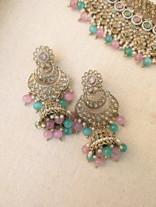 Nysa Pink Mint Bridal Necklace Jhumka Earrings Tikka