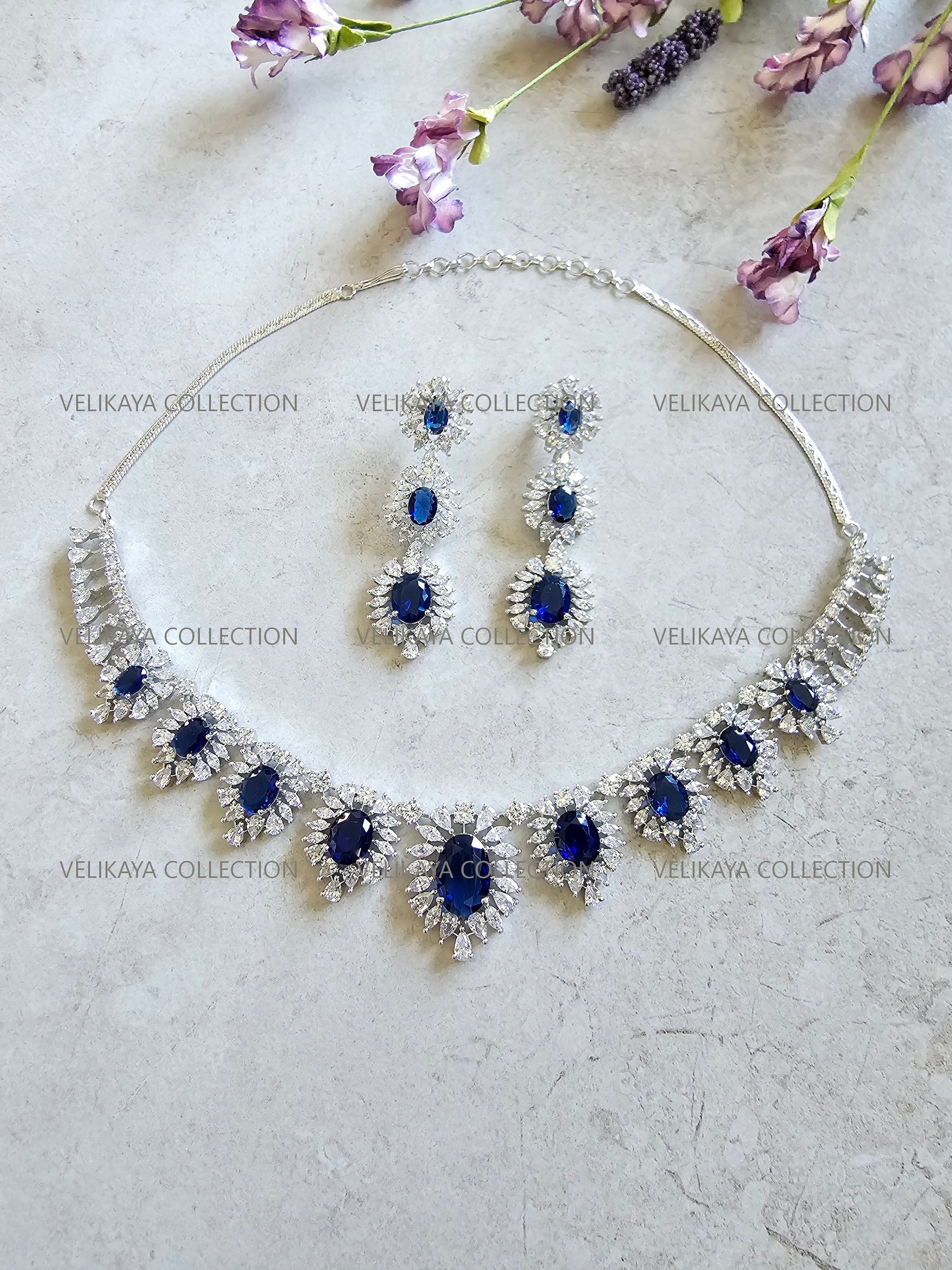 Victoria Sapphire Blue CZ Diamond Necklace Set