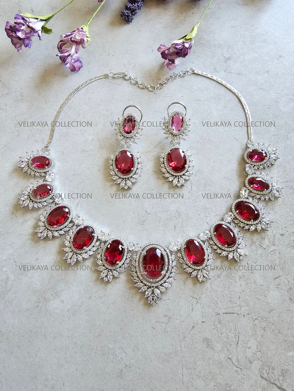 Victorian Ruby Halo Necklace & Earrings Set. Indian Jewelry. Swarovski Jewelry. Swarovski necklace set. Statement earrings. Swarovski Crystal Necklace Earrings.