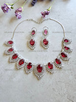 Load image into Gallery viewer, Victorian Ruby Halo Necklace &amp; Earrings Set. Indian Jewelry. Swarovski Jewelry. Swarovski necklace set. Statement earrings. Swarovski Crystal Necklace Earrings.
