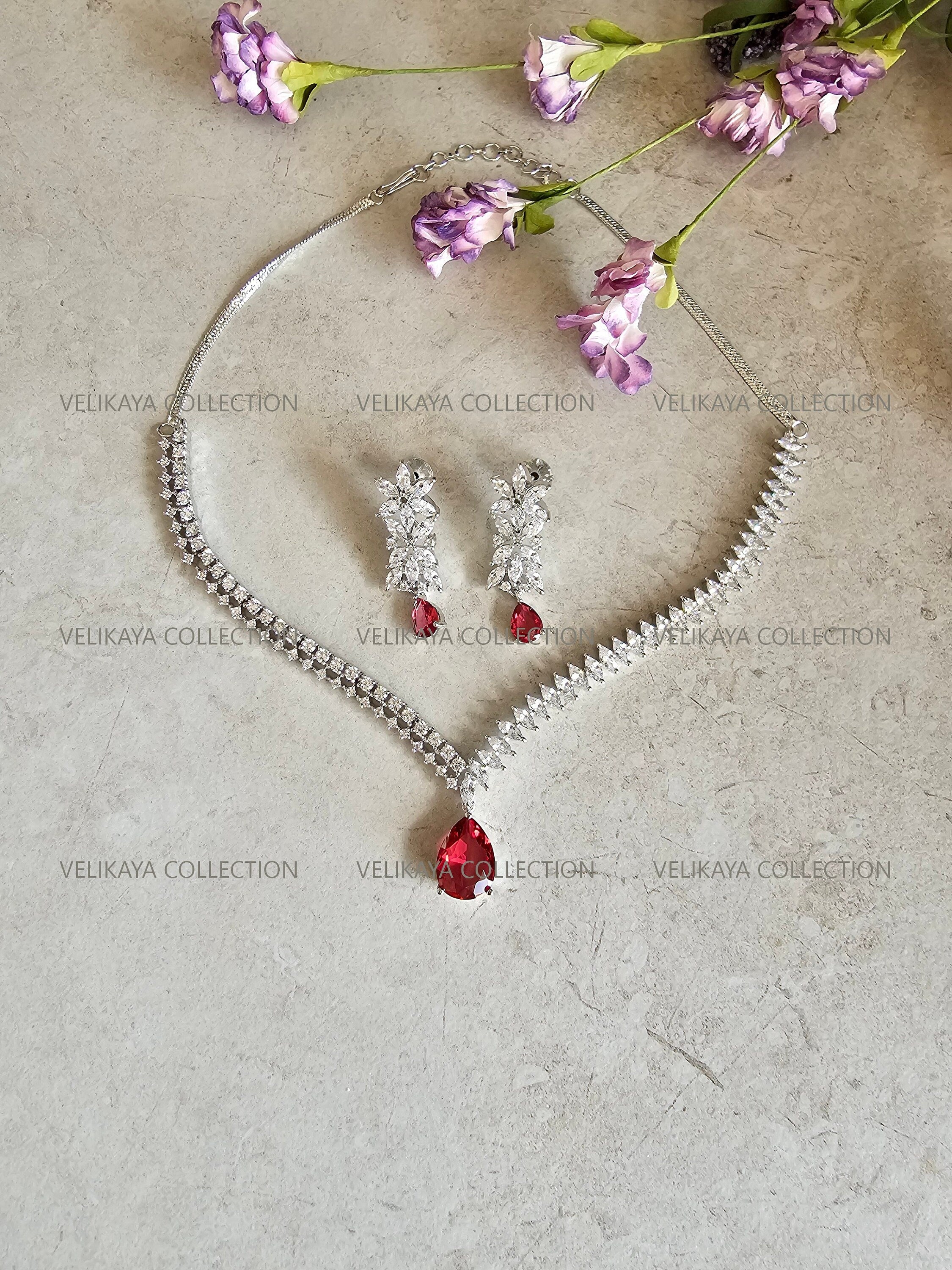 Niki CZ Diamond Wedding Necklace Set in Ruby Red