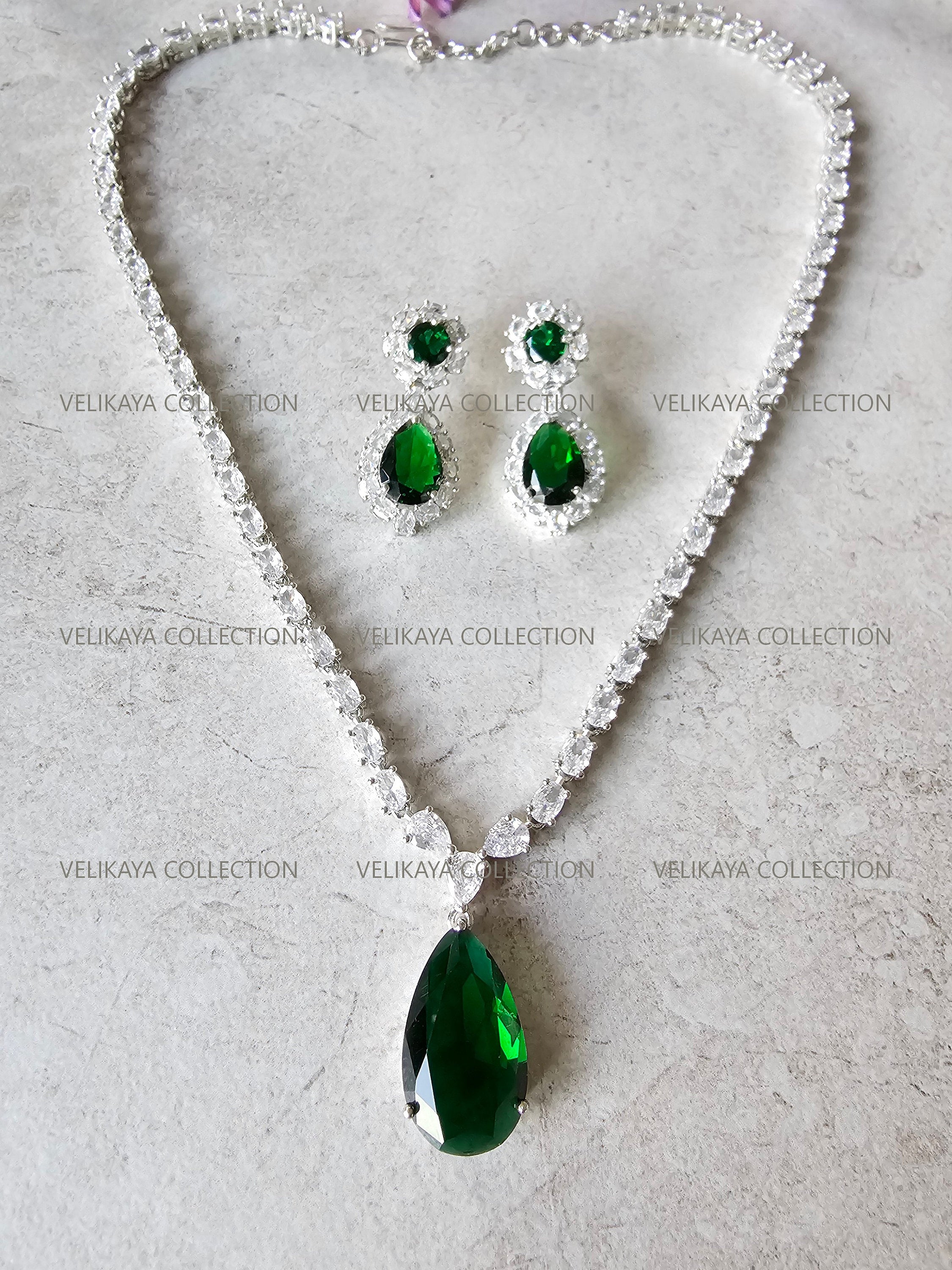 Mila Emerald Green Pendant CZ Diamond Necklace Set