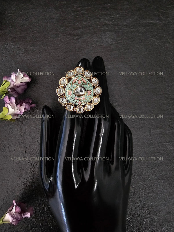 Meenakari Kundan Ring  - Mint Pink