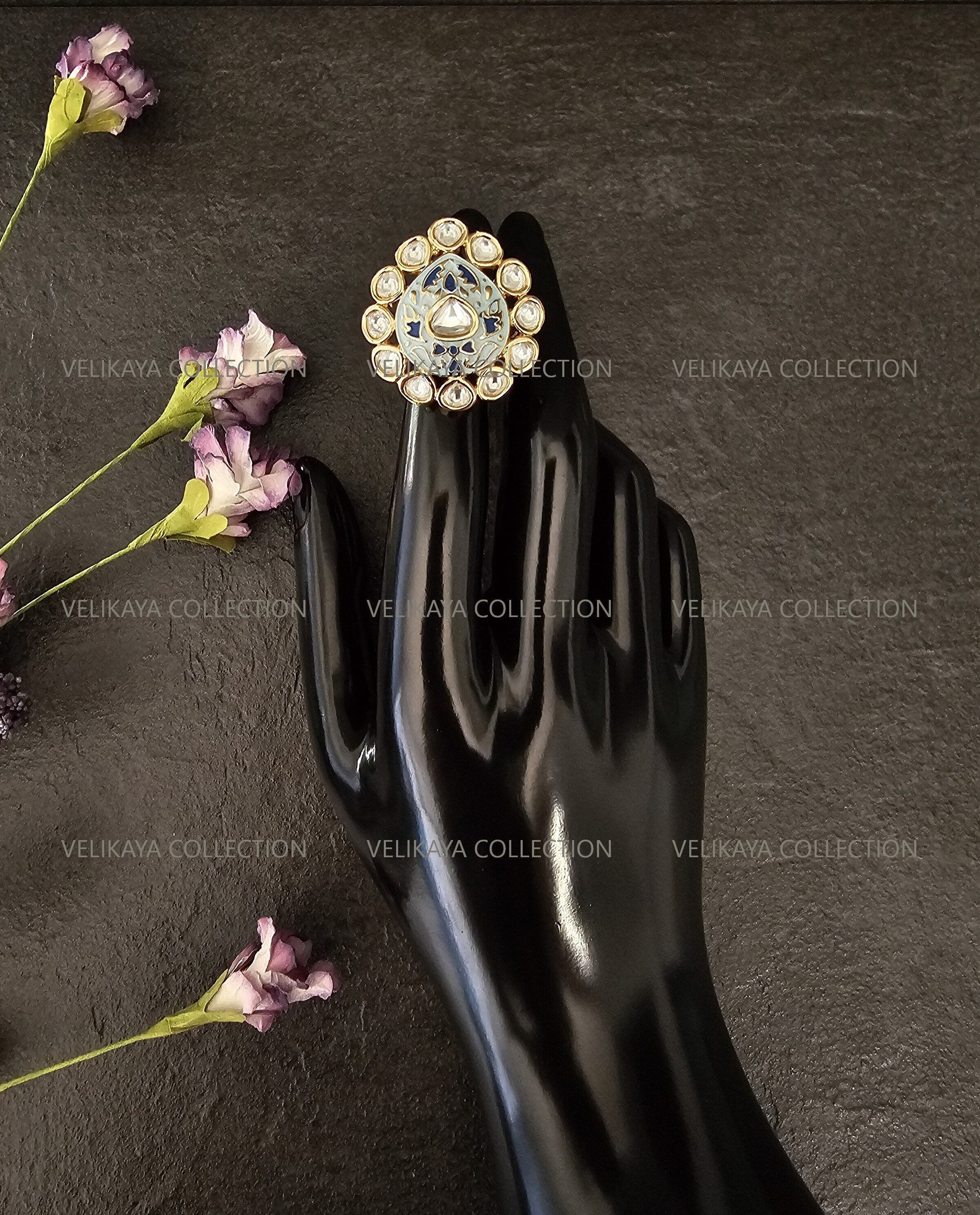 Meenakari Kundan Ring  - Blue