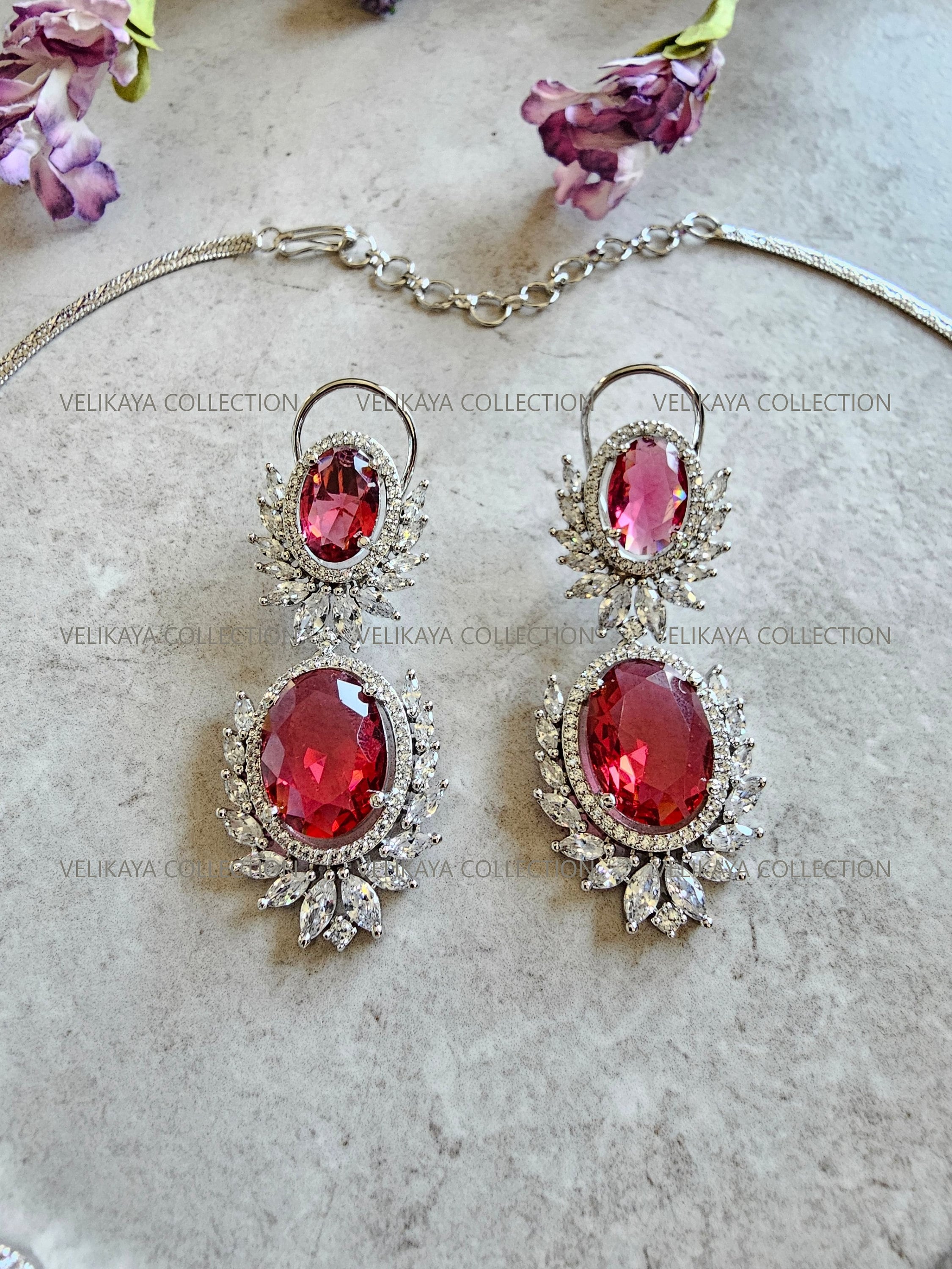 Victorian Ruby Oval Halo Necklace & Earrings