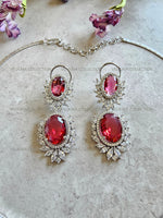 Load image into Gallery viewer, Victorian Ruby Oval Halo Necklace &amp; Earrings
