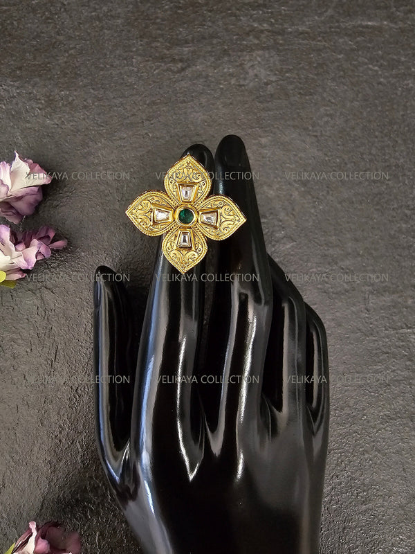 Green Flower Kundan Ring