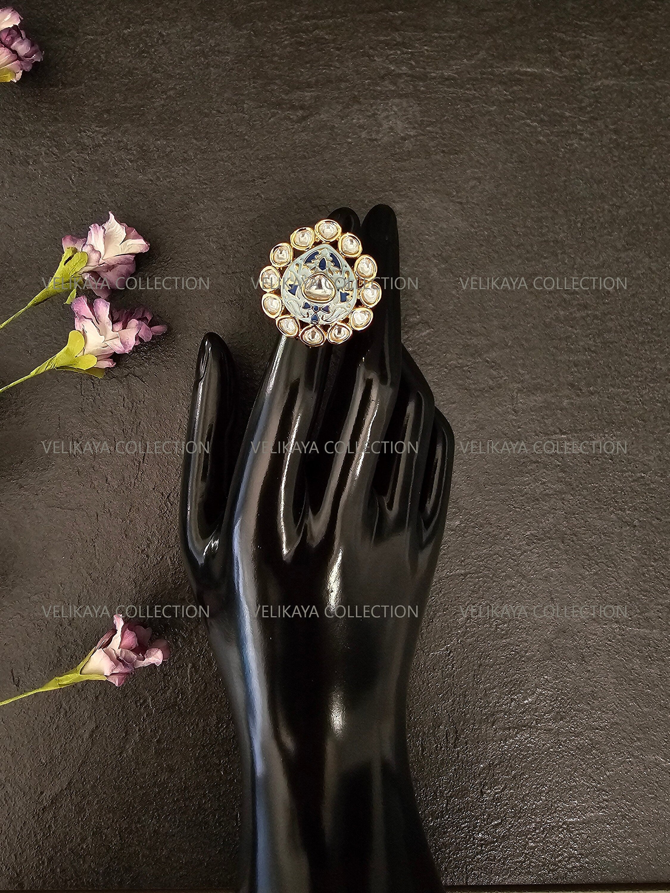 Meenakari Kundan Ring  - Blue