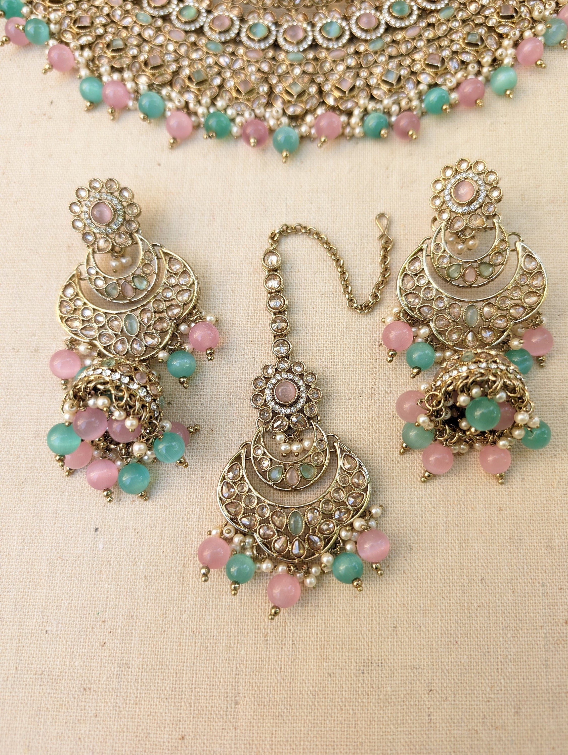 Nysa Pink Mint Bridal Necklace Jhumka Earrings Tikka