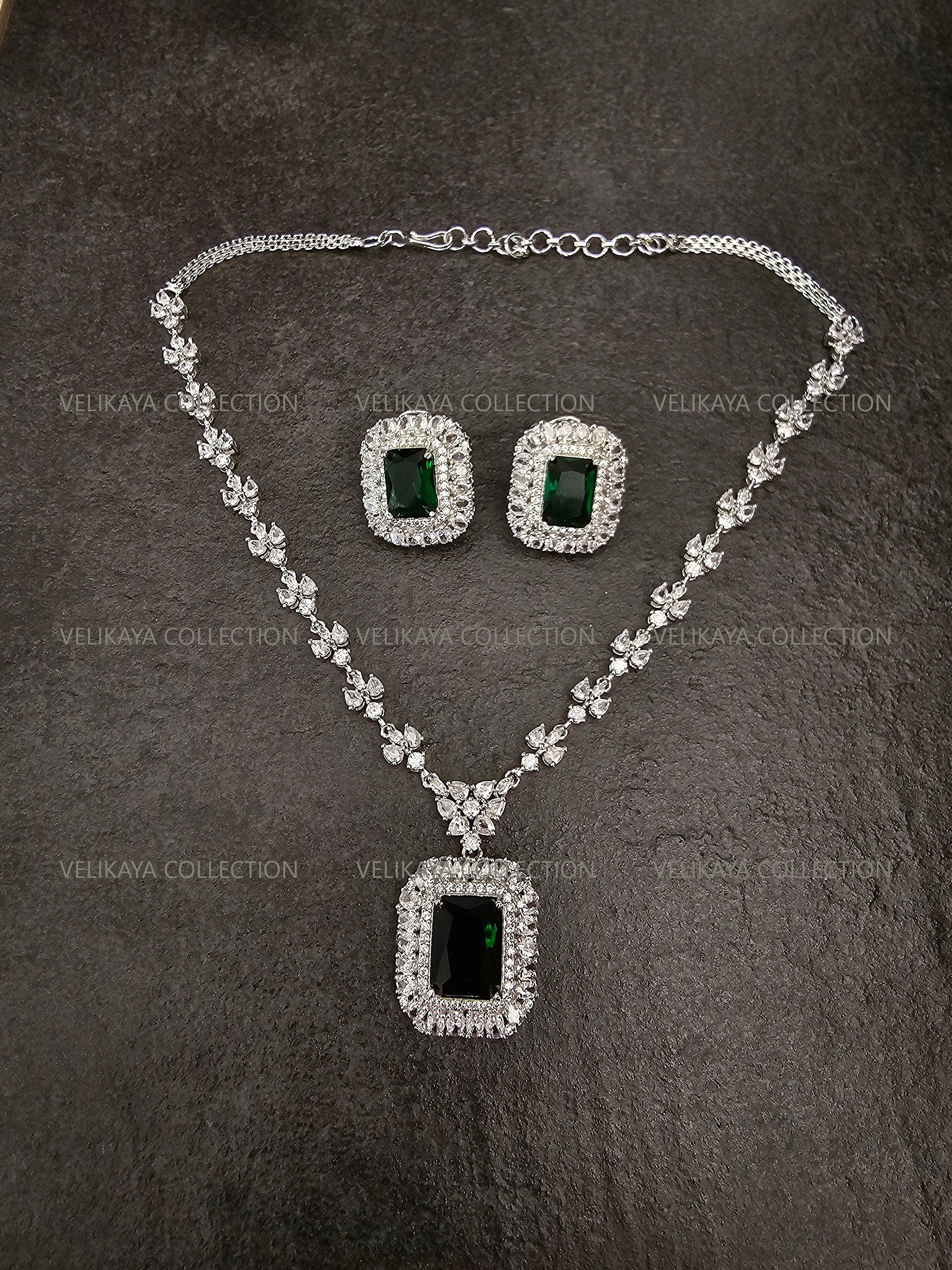 Helena CZ Diamond Emerald Green Pendant Necklace Set