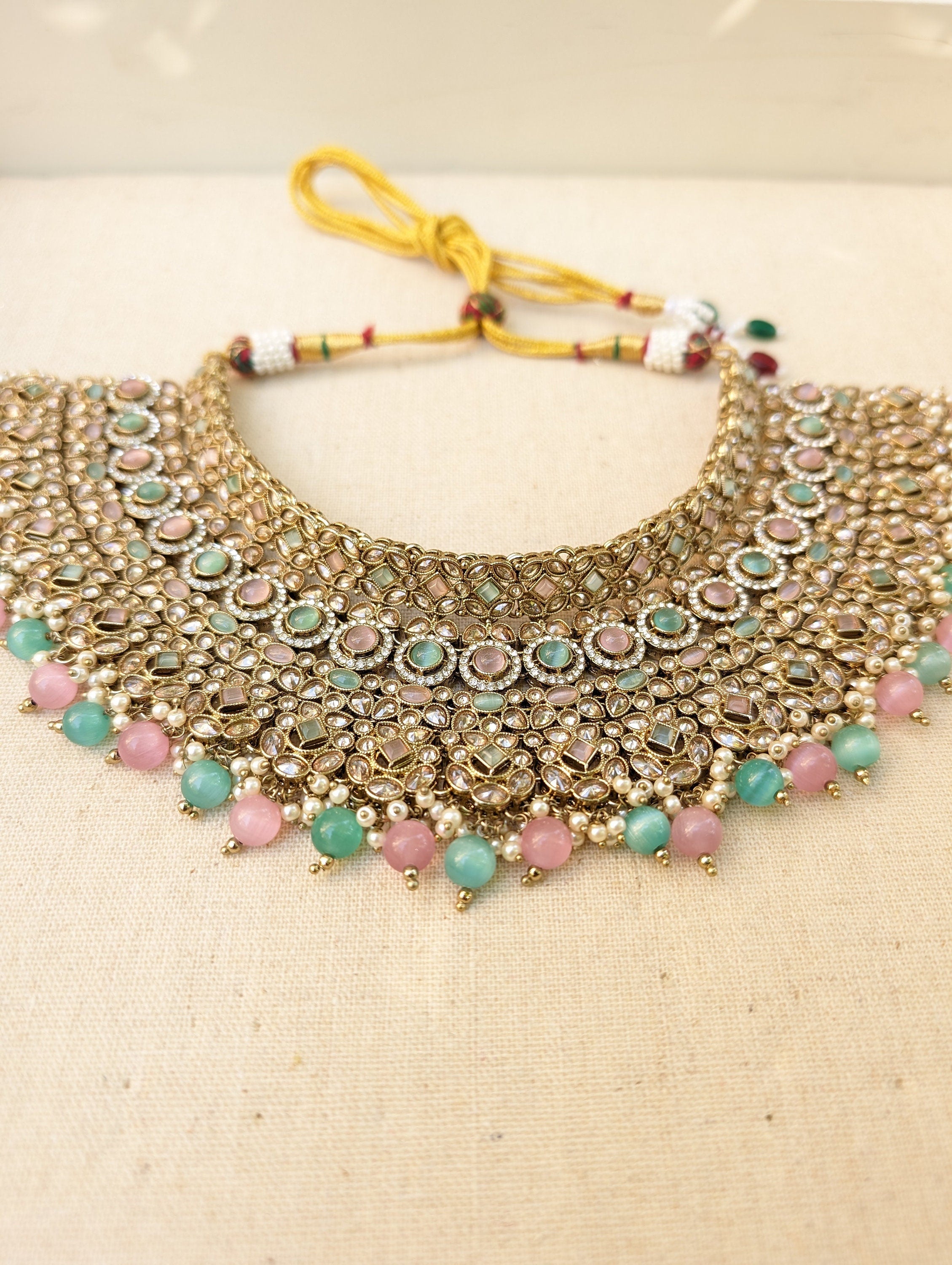 Nysa Pink Mint Bridal Necklace Jhumka Earrings Tikka