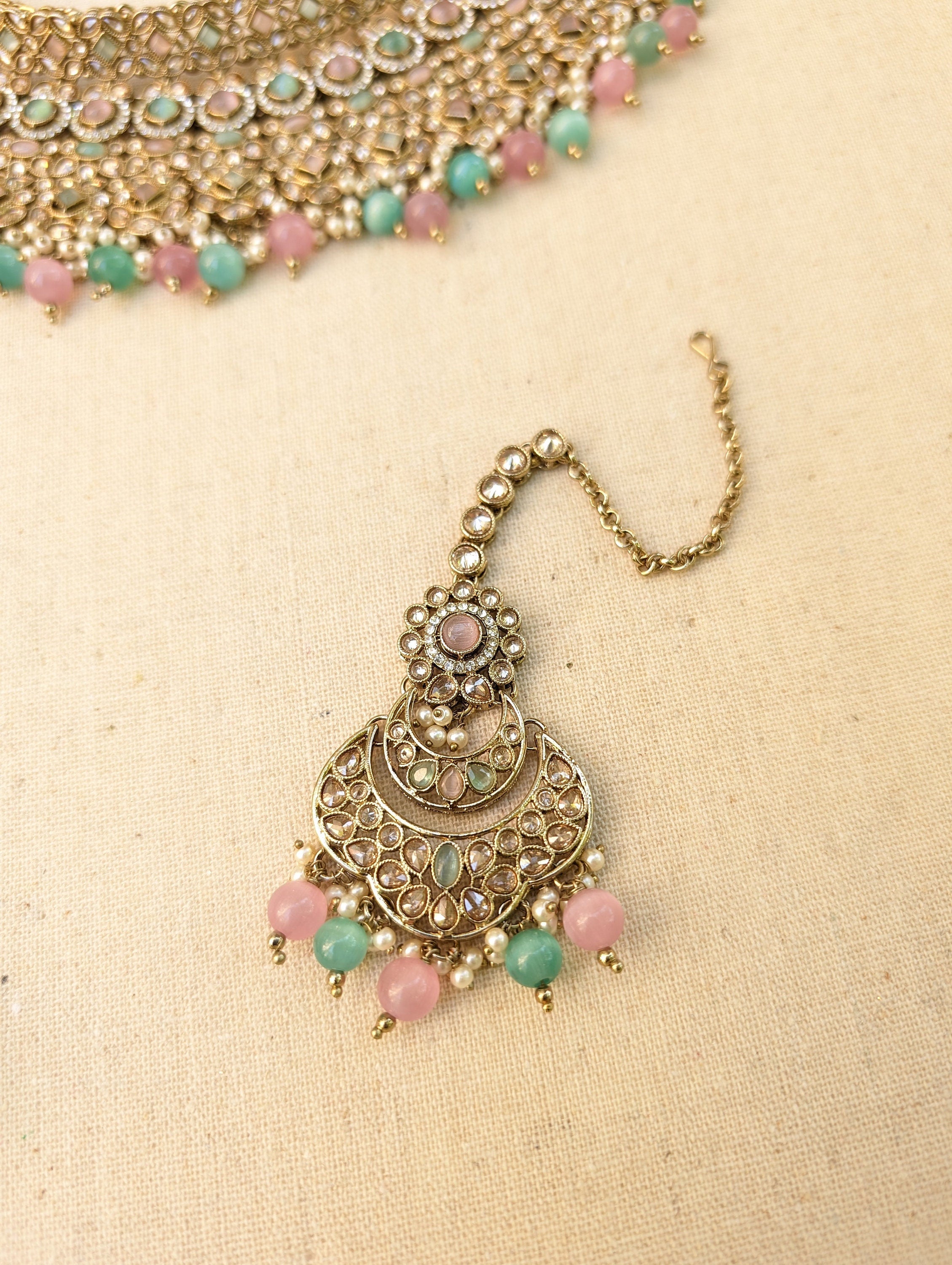 Nysa Pink Mint Bridal Necklace Jhumka Earrings Tikka