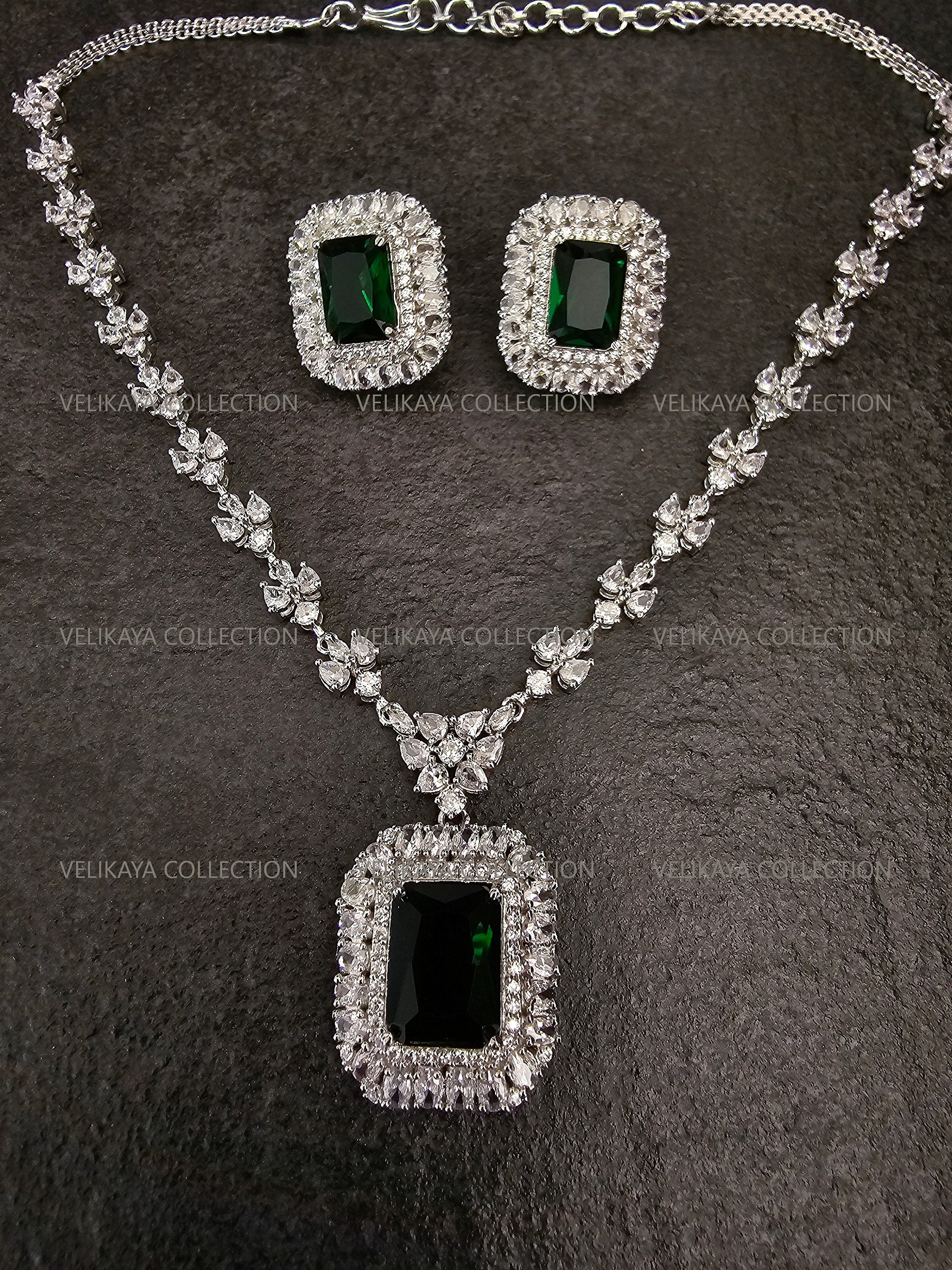 Helena CZ Diamond Emerald Green Pendant Necklace Set