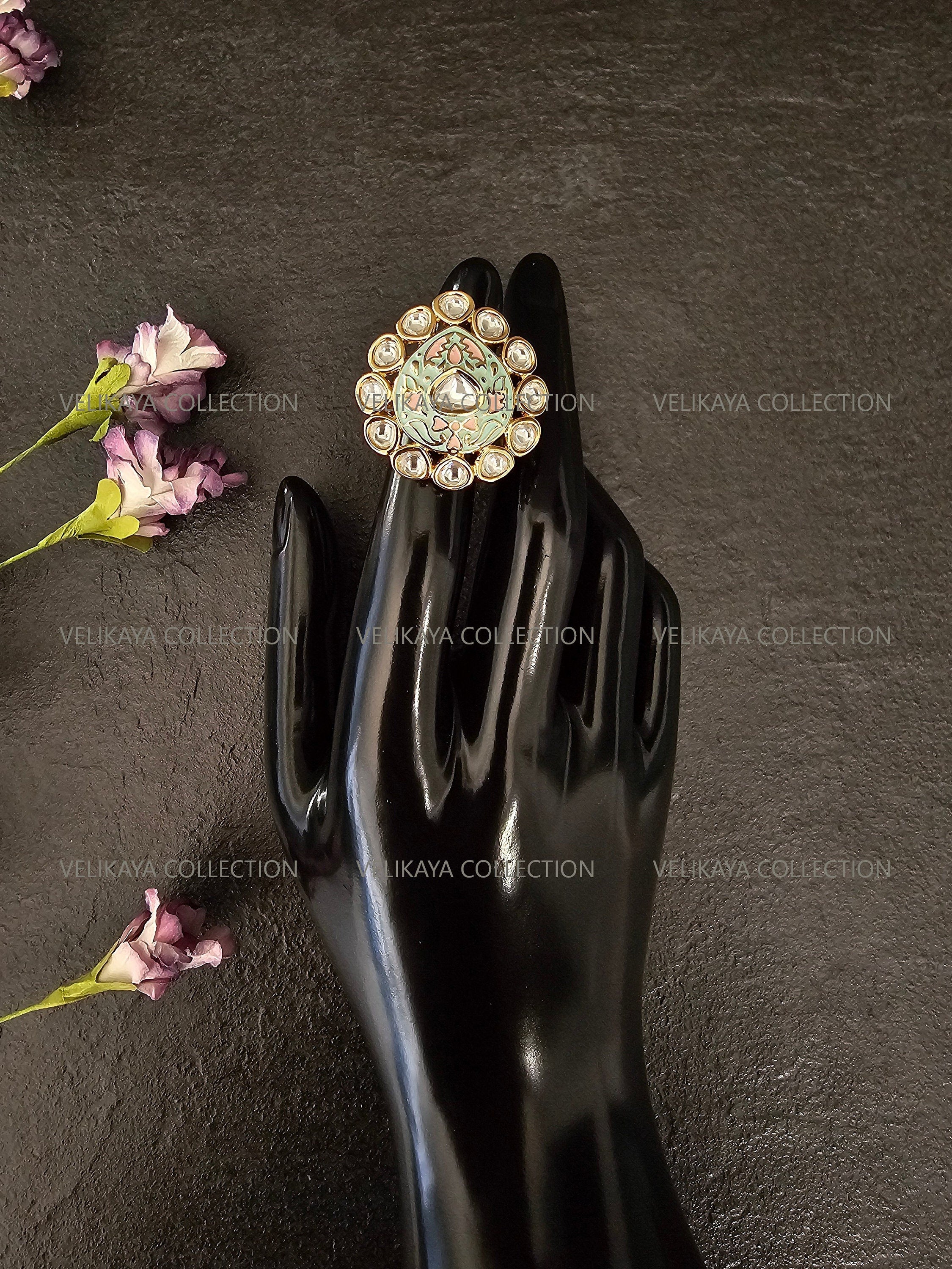 Meenakari Kundan Ring  - Mint Pink