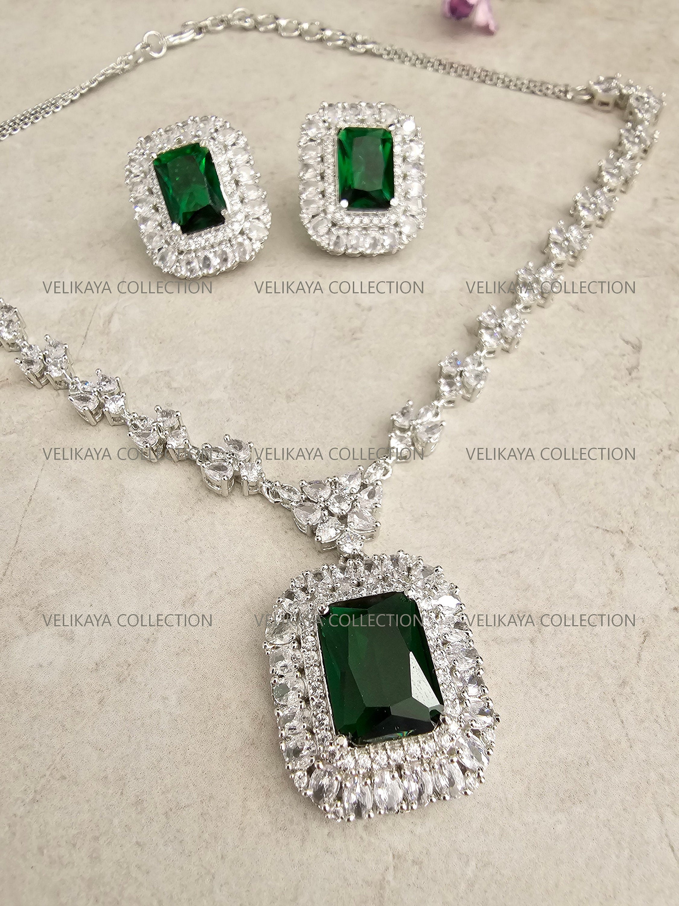 Helena CZ Diamond Emerald Green Pendant Necklace Set