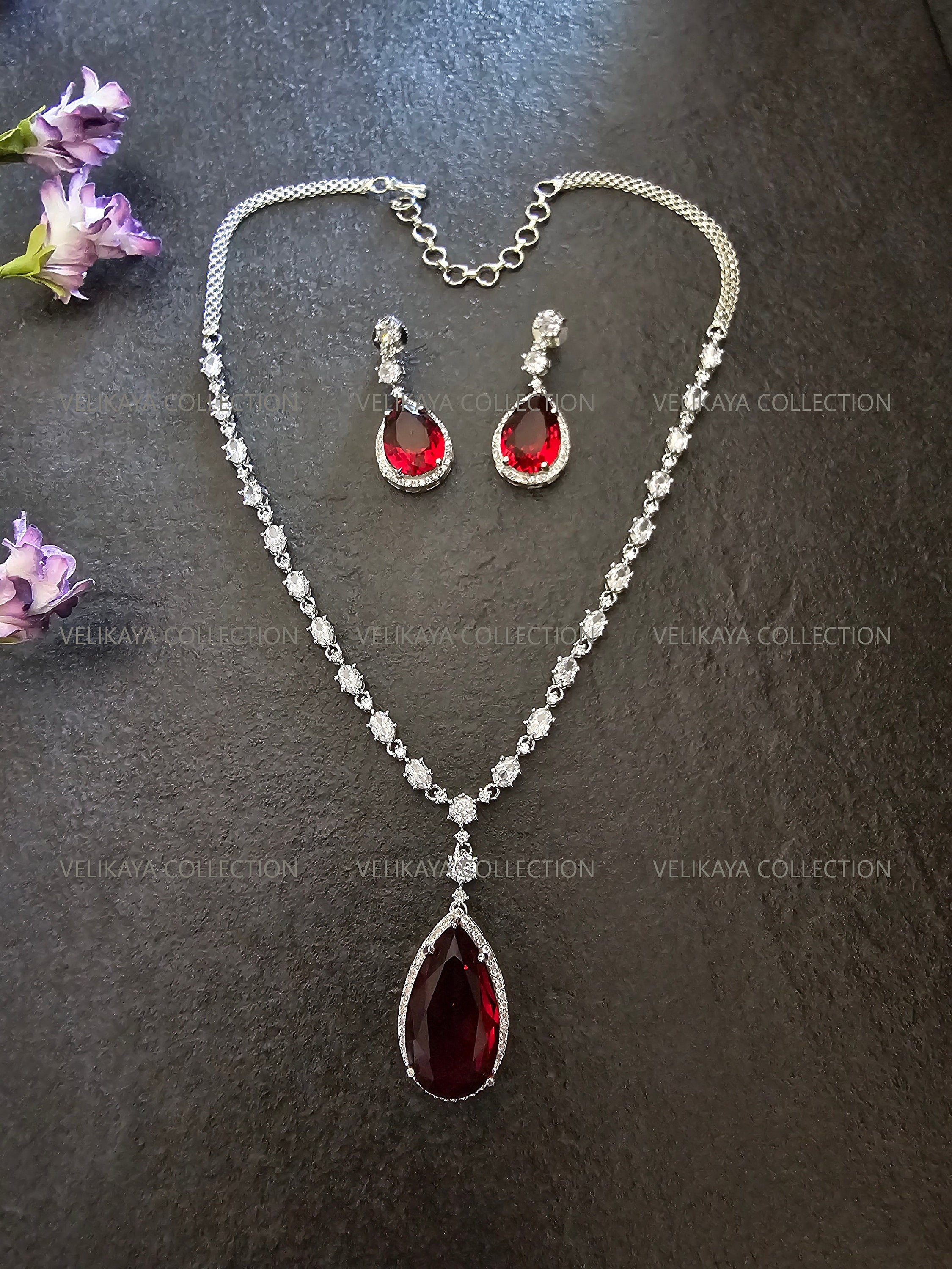 Mila Red Pendant CZ Diamond Necklace Set