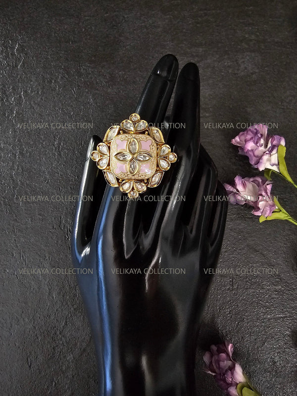 Meenakari Kundan Ring - Gold Pink