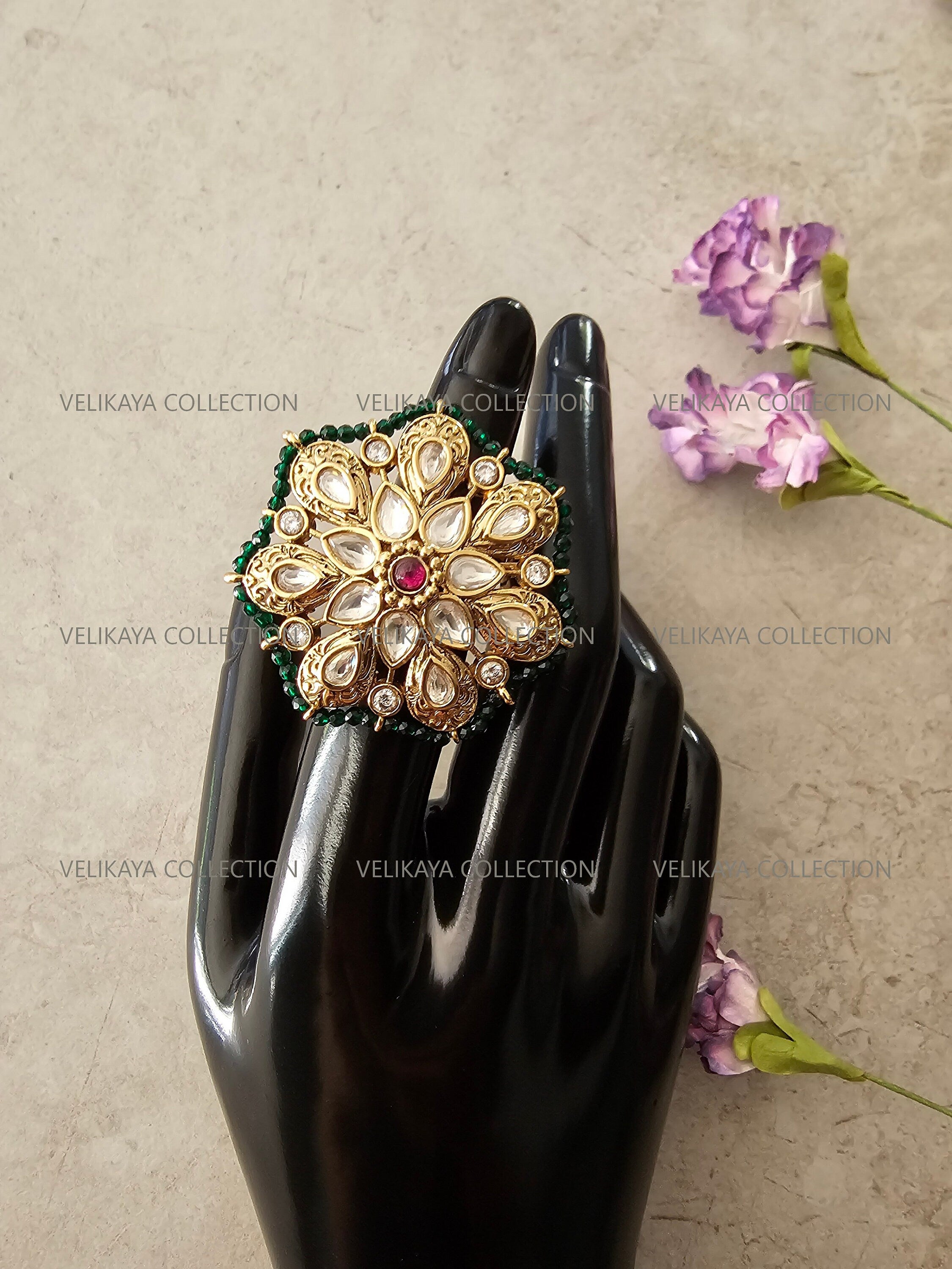 Antique Gold Kundan Ring with Green Beads