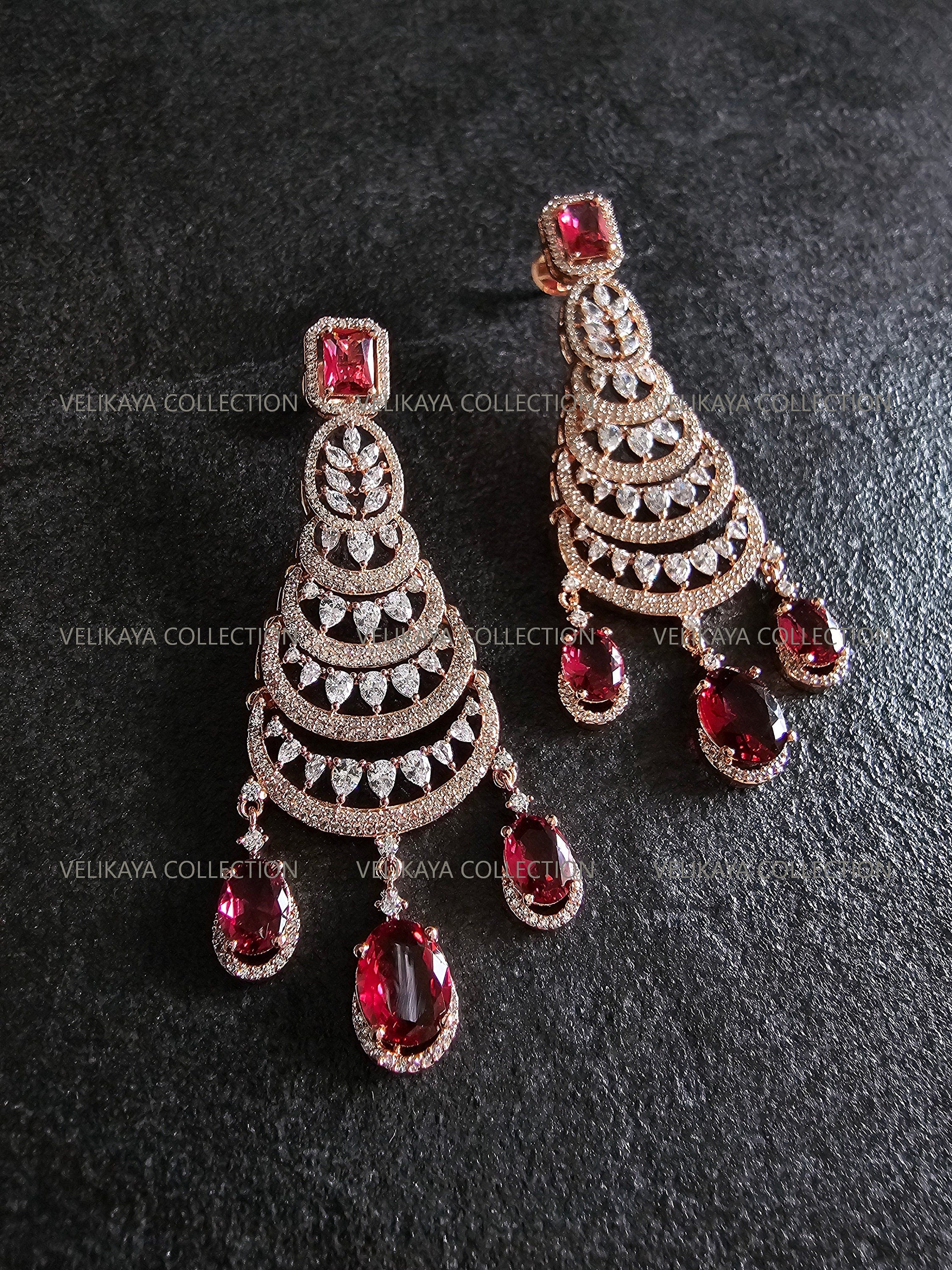 Chandelier Red Long CZ Earrings