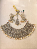 Load image into Gallery viewer, Gold necklace set with chandbali earrings and tikka. Polki choker necklace set. Indian wedding jewelry. Pakistani wedding jewelry. Bollywood necklace set. Punjabi jewelry set. Kundan necklace jhumka. Antique gold-plated necklace. Champagne stones.
