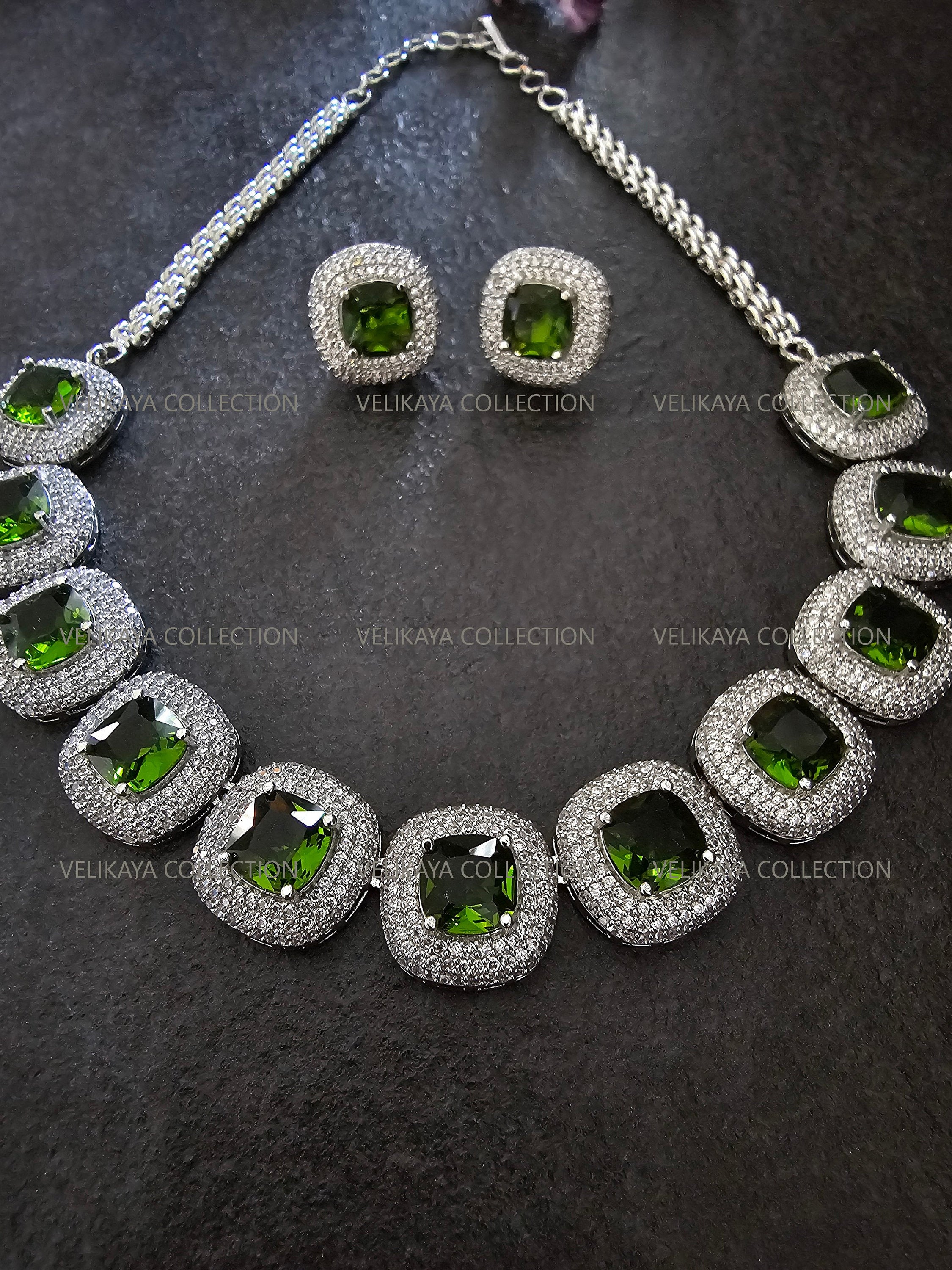 Milleni Peridot Green CZ Diamond Necklace Set