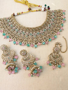 Nysa Pink Mint Bridal Necklace Jhumka Earrings Tikka