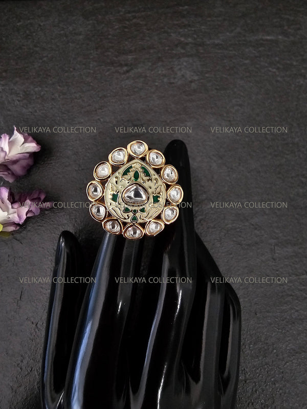 Meenakari Kundan Ring - Green White