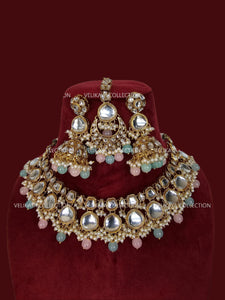 Pink and Mint kundan necklace set with earrings & tikka for Indian weddings.  