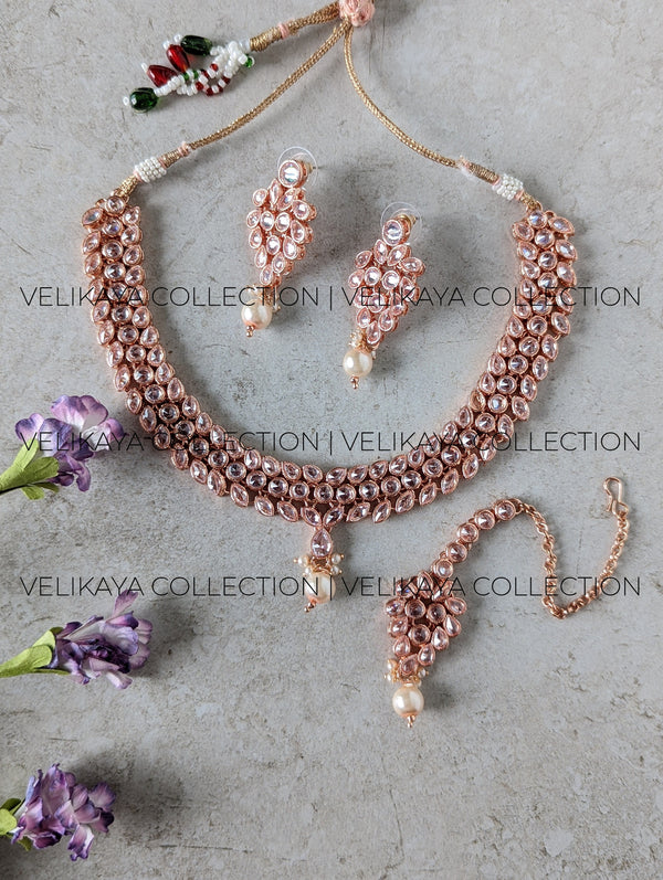 Iris Rose Gold Plated Necklace Earrings and Tikka
