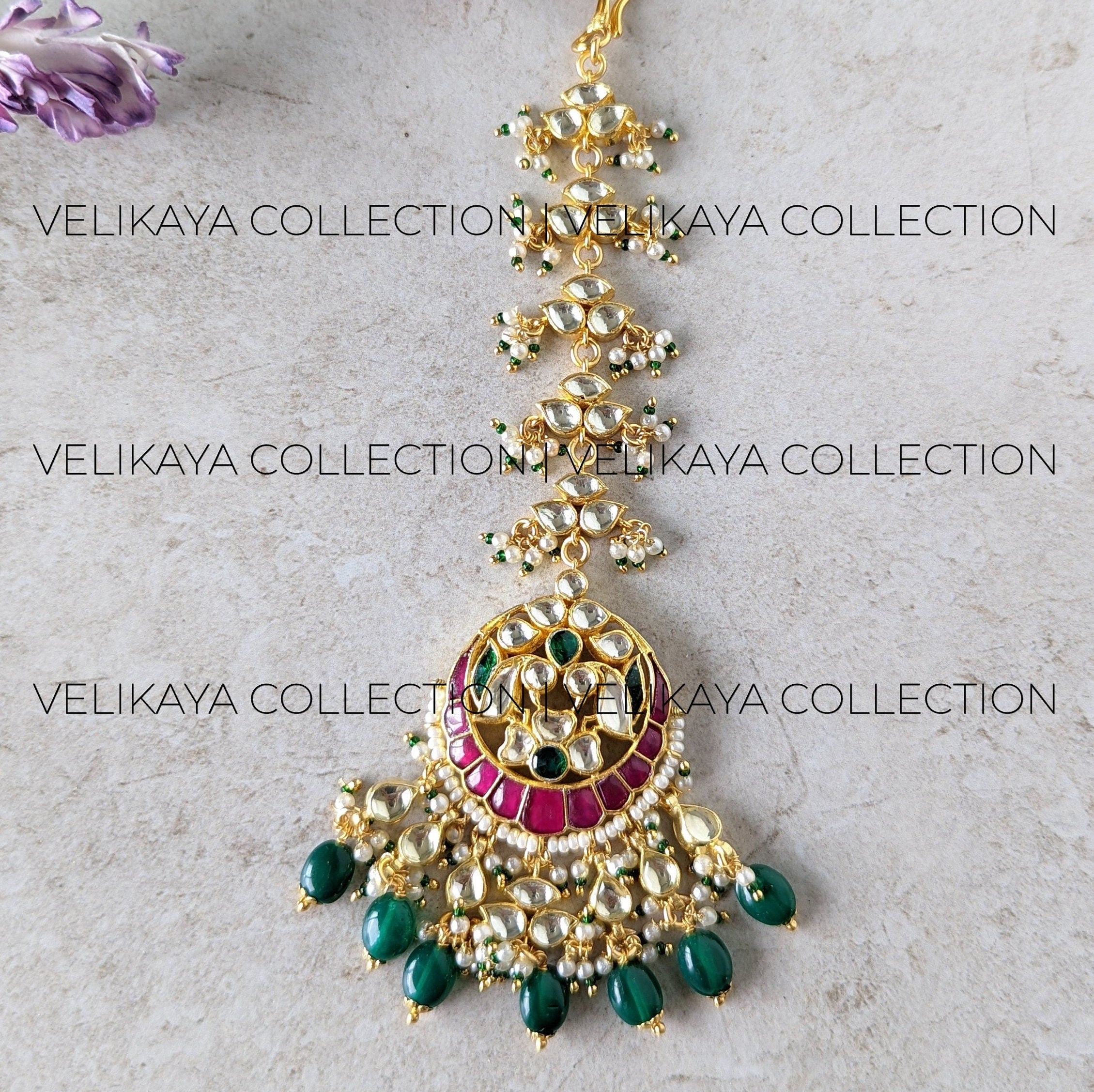 Ruby Green Pachi Kundan Maang Tikka