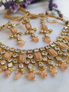 Aurora Peach Kundan Wedding Necklace Earrings Tikka