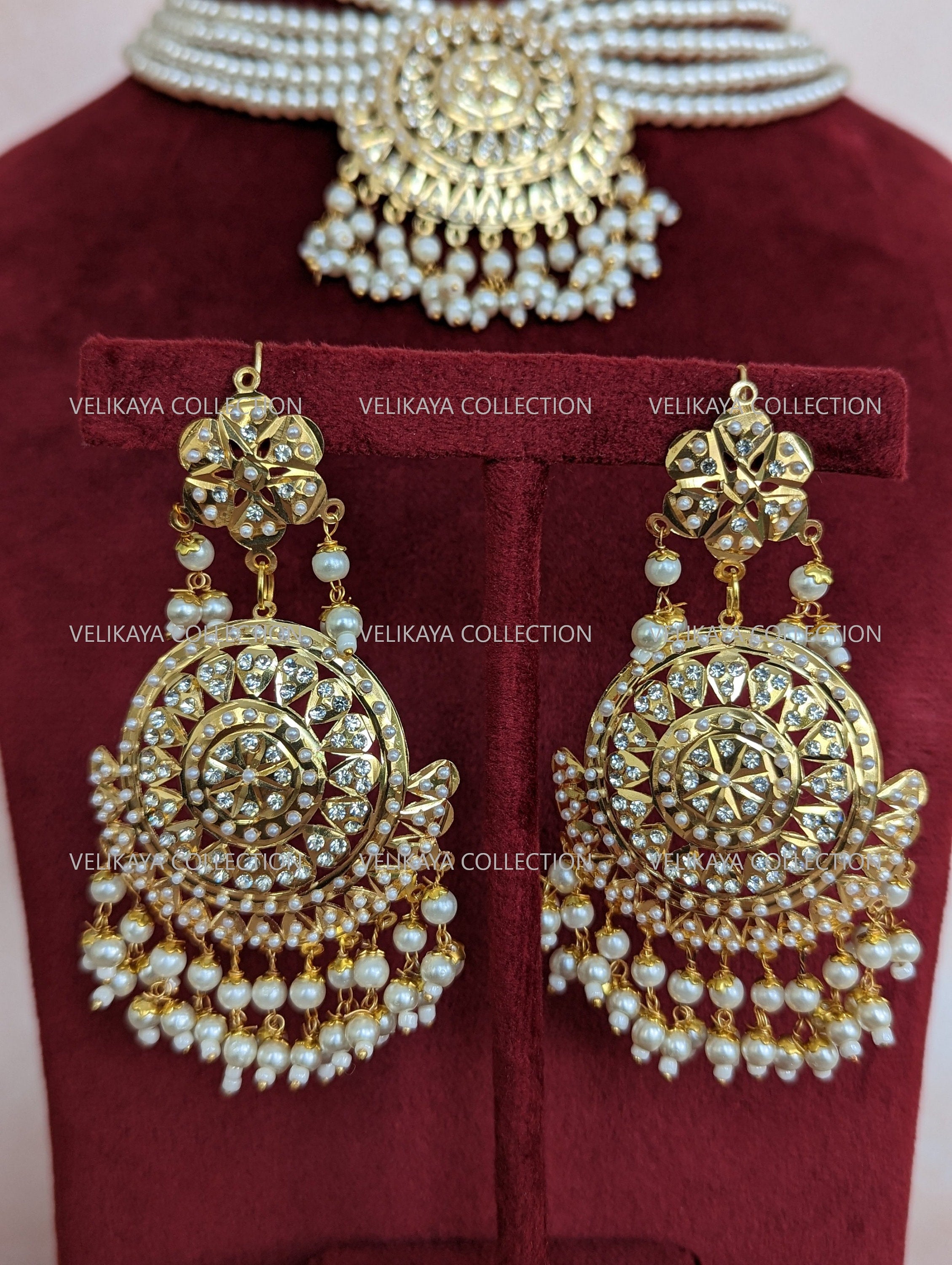 Pearl Jadau Necklace Earrings Tikka