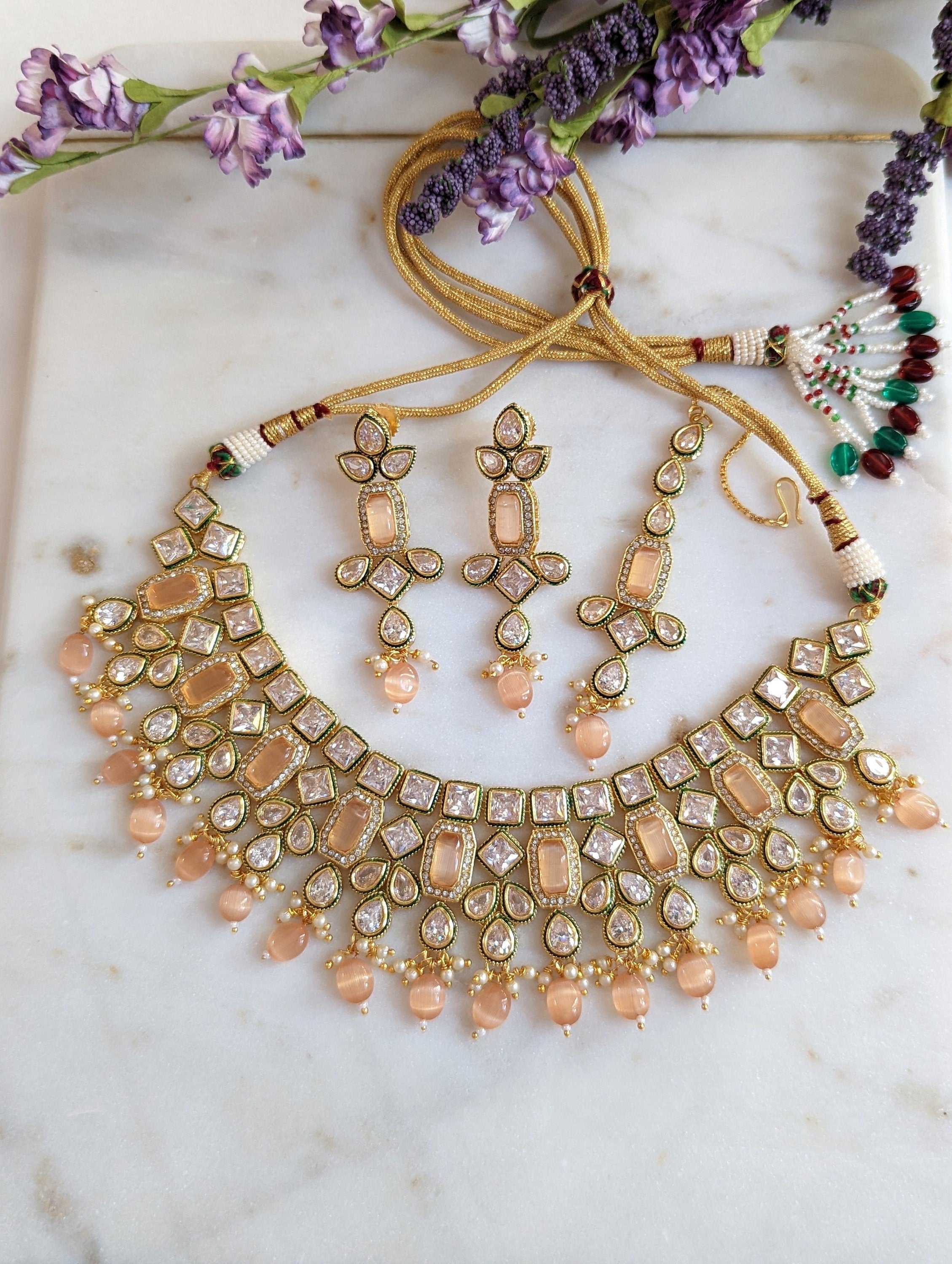 Aurora Peach Kundan Wedding Necklace Earrings Tikka