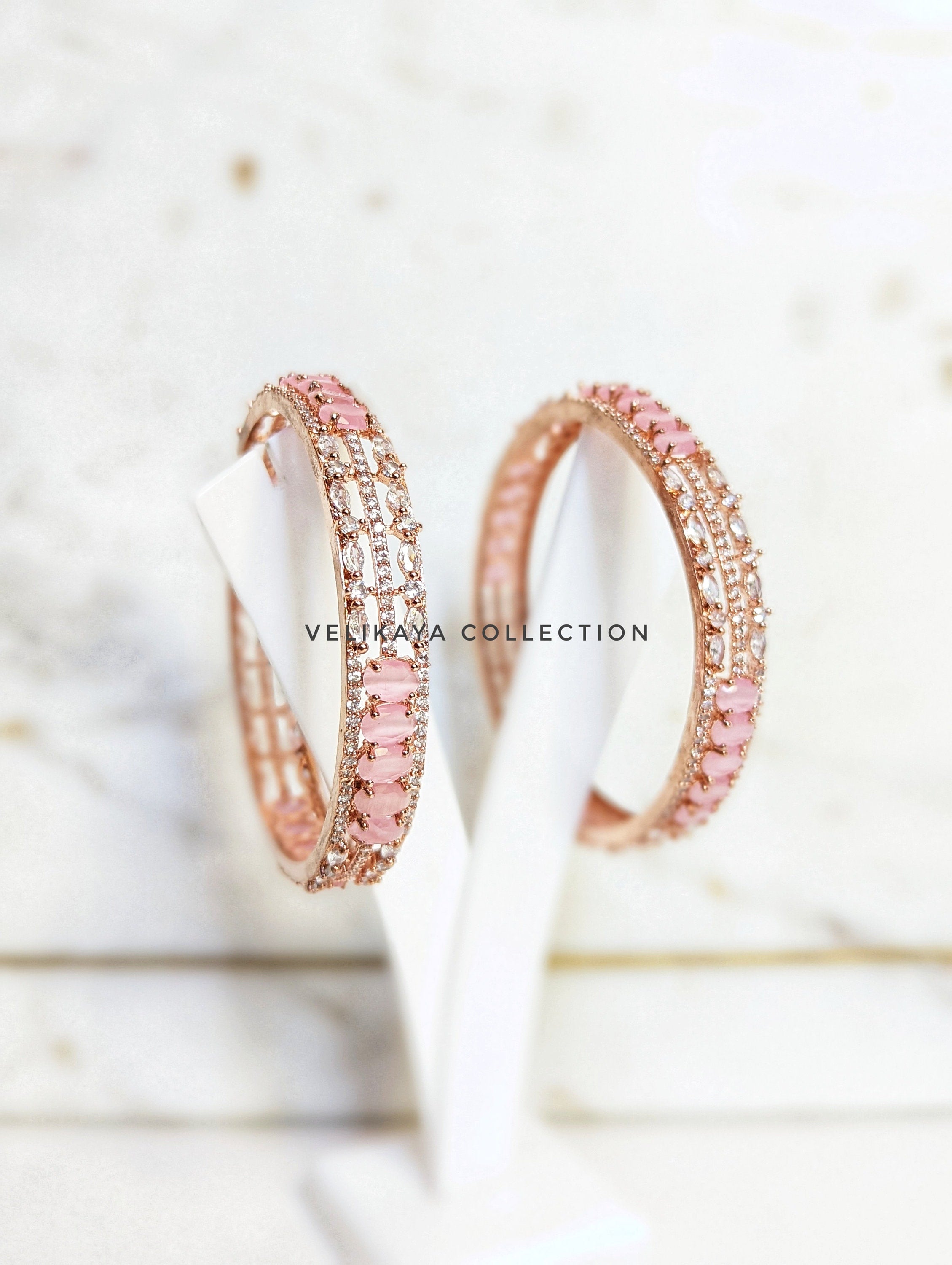 Kiara Pink Rose Gold Plated American Diamond Bangle Bracelets