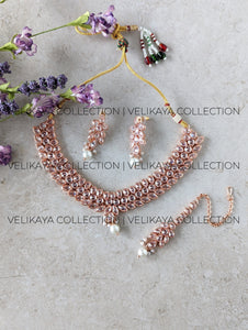 Alice Rose Gold Plated Necklace Earrings and Tikka