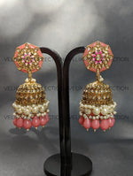 Load image into Gallery viewer, Nora Peach Kundan Meenakari Jhumka
