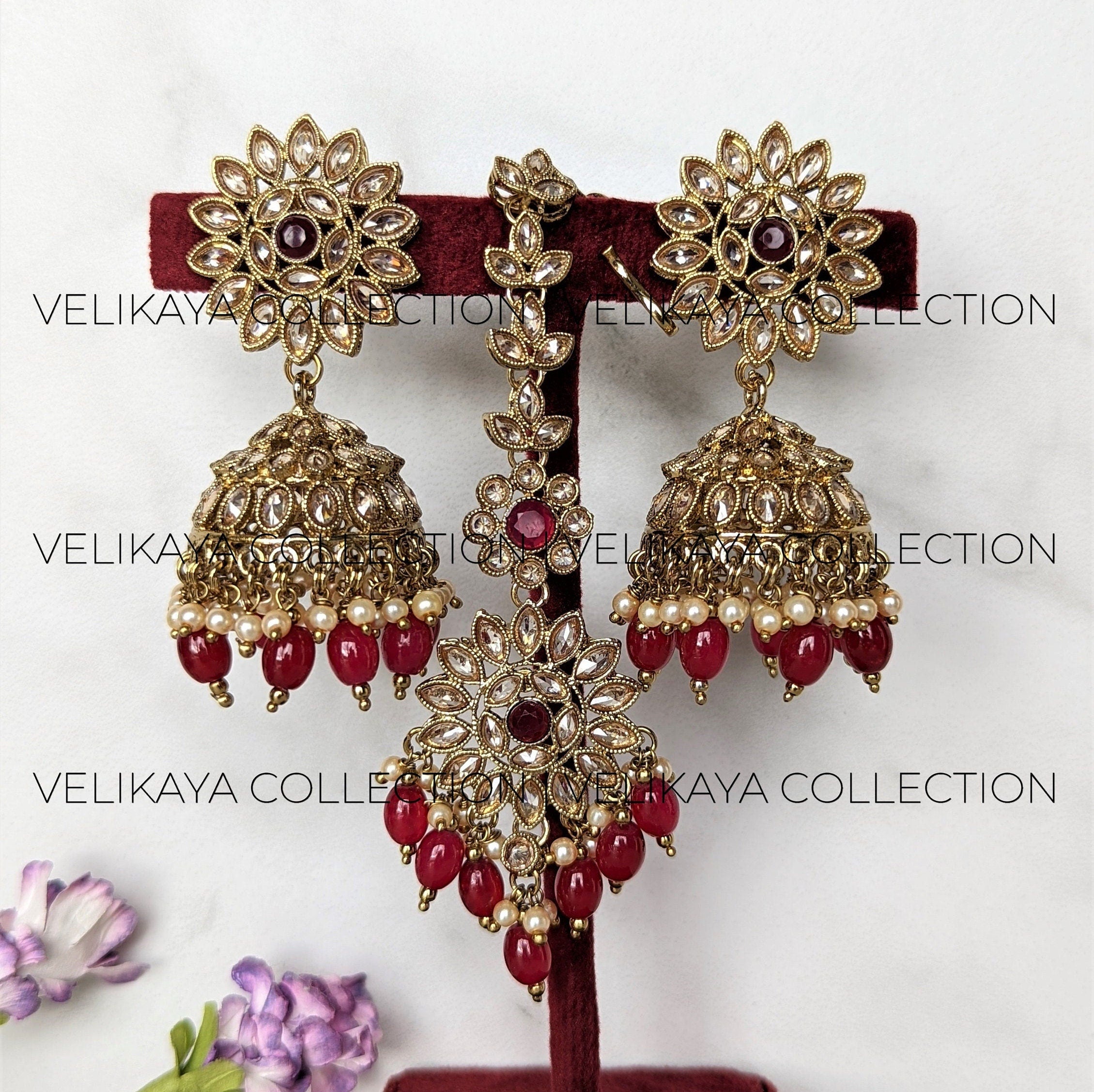 Rene Red Polki Jhumka and Tikka Set