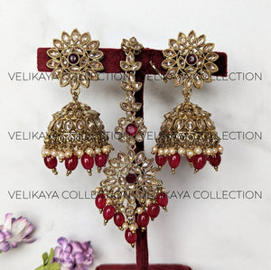 Rene Red Polki Jhumka and Tikka Set