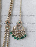 Load image into Gallery viewer, Heera - Green Long Polki Necklace Jhumkas Tikka
