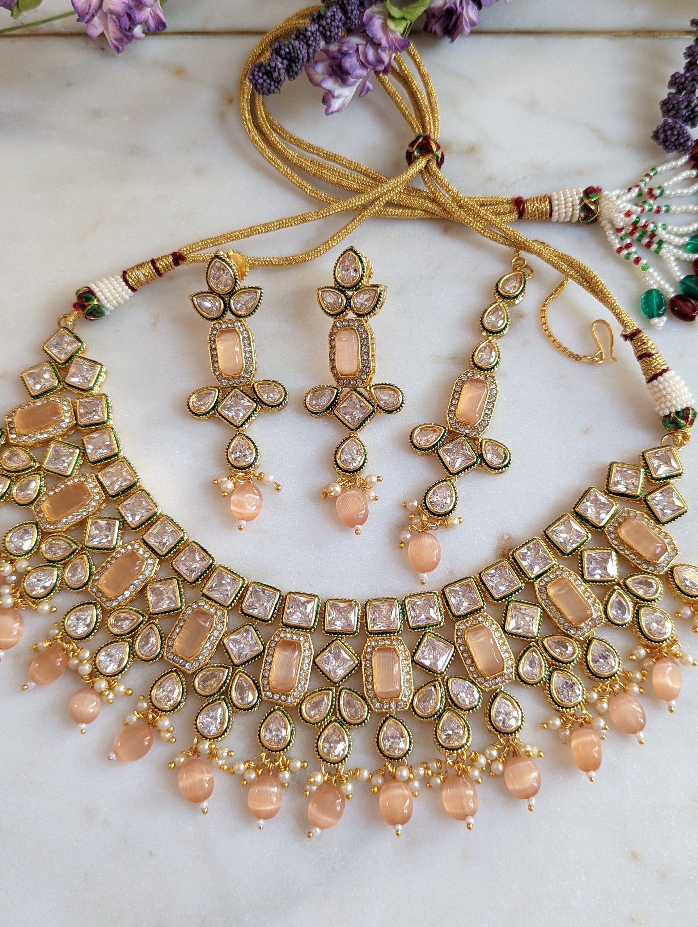 Aurora Peach Kundan Wedding Necklace Earrings Tikka