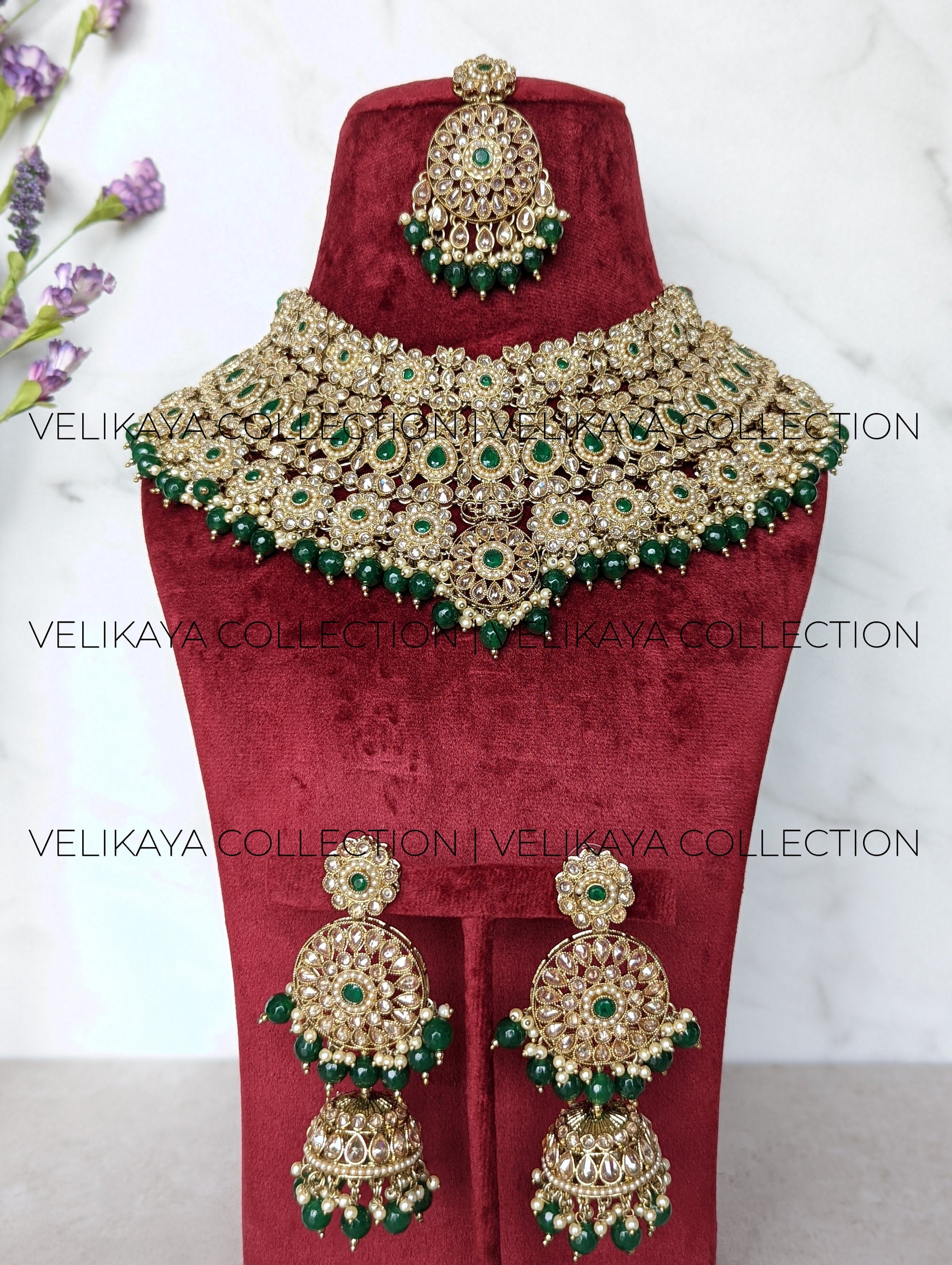 Jodha Emerald Green Choker Necklace Jhumkas & Tikka