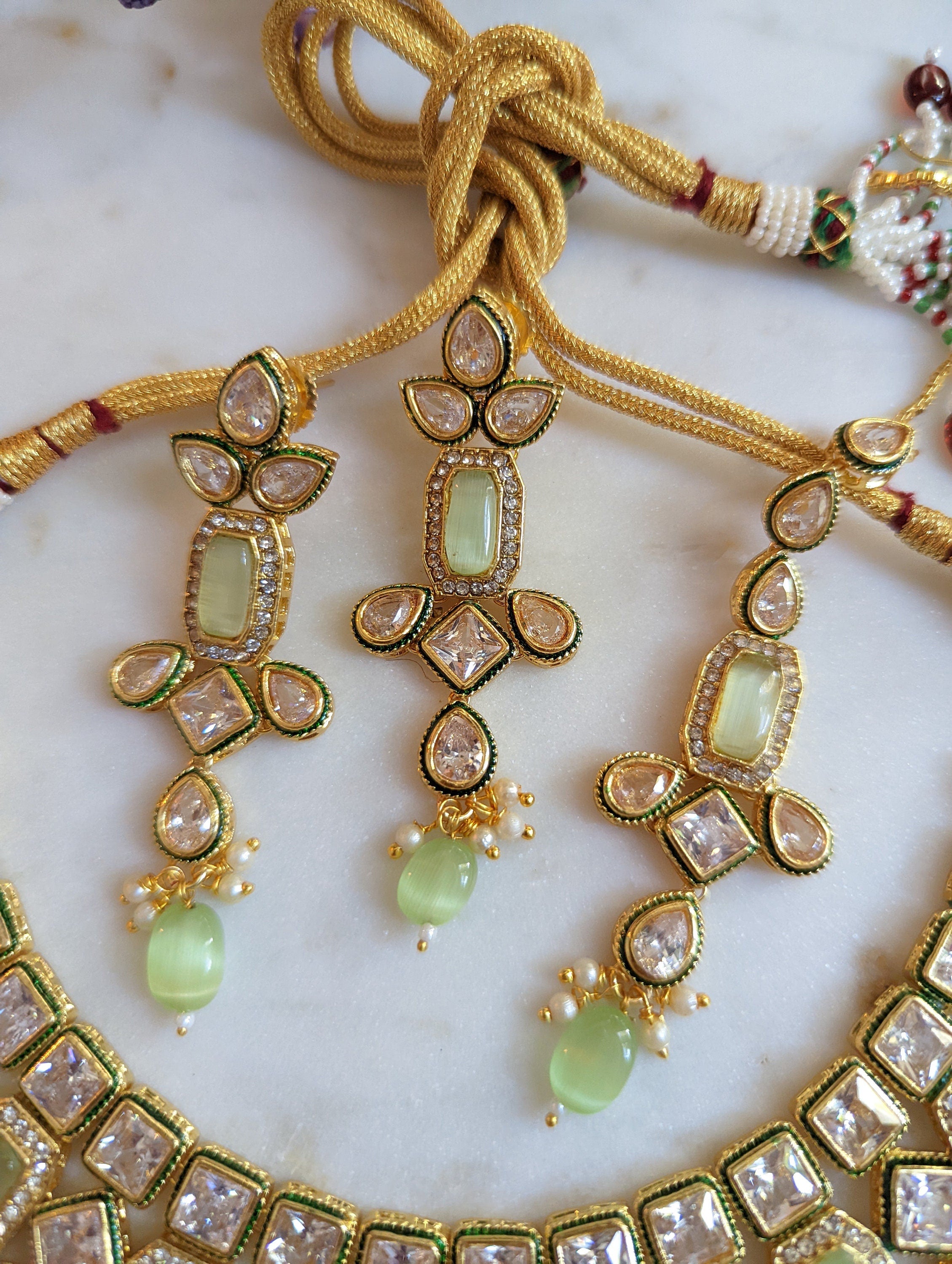 Aurora Mint Kundan Wedding Necklace Earrings Tikka