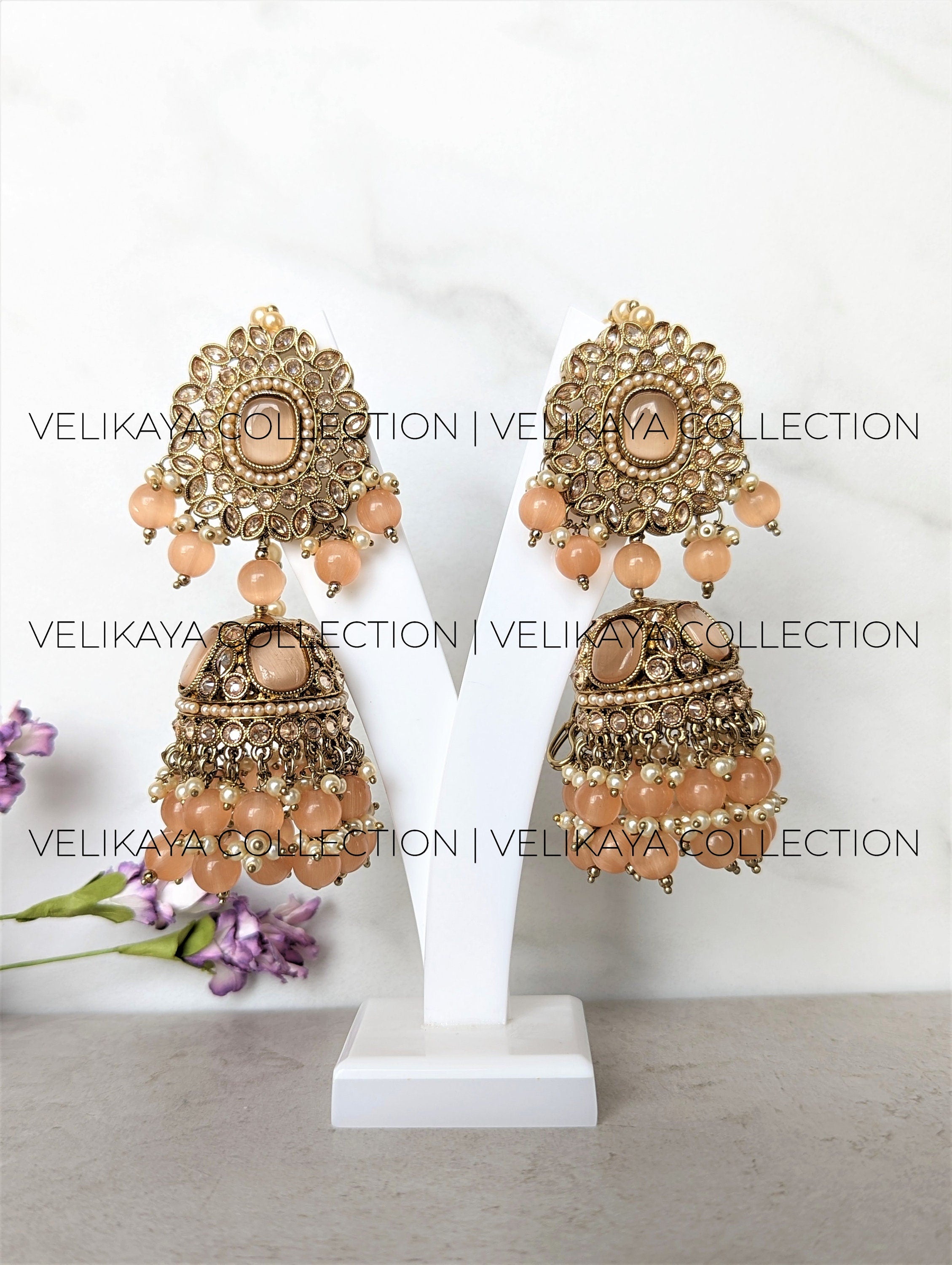 Kiara Large Peach Antique Gold Plated Jhumka