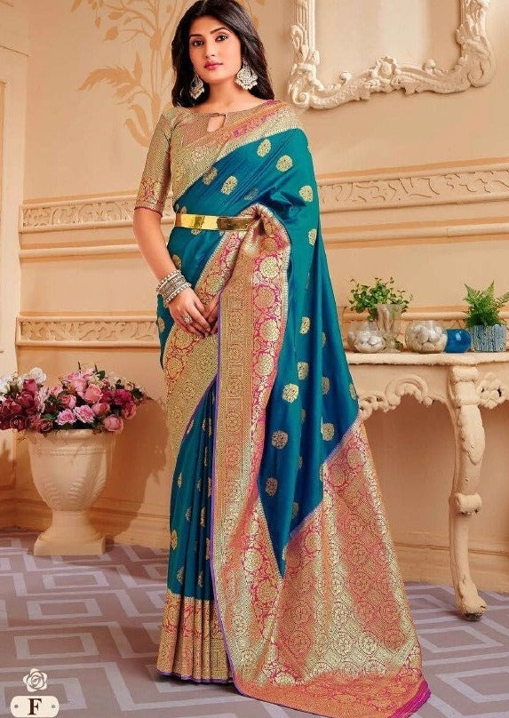 Blue Silk Saree with Gold Border and Blouse