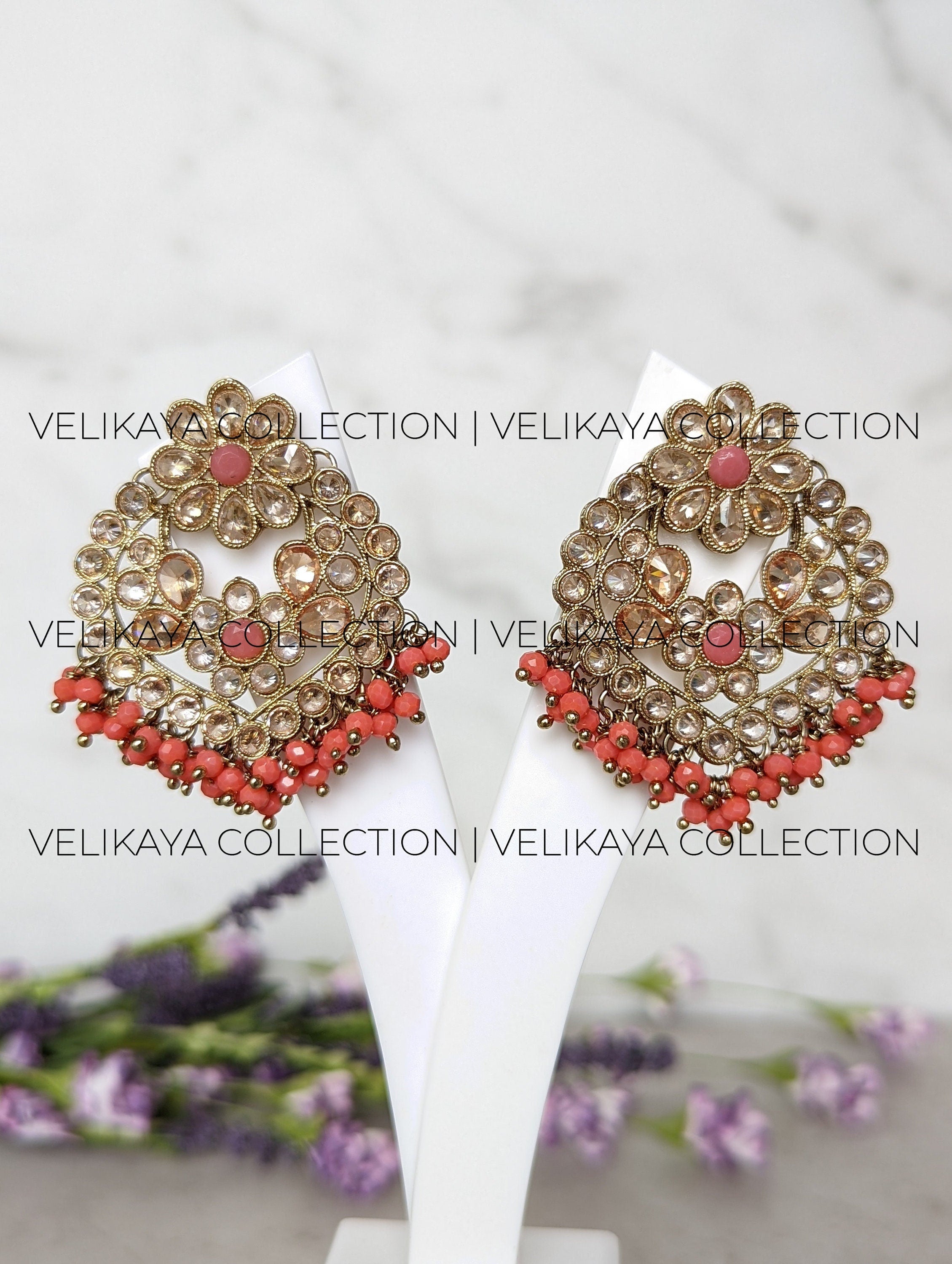 Navya Peach Antique Polki Chandbali Earrings