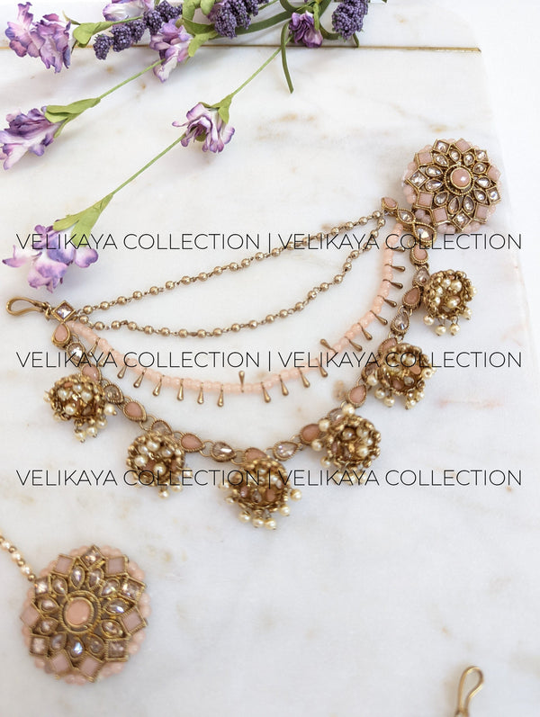 Peach Bahubali Earrings with Ear Chains and Tikka