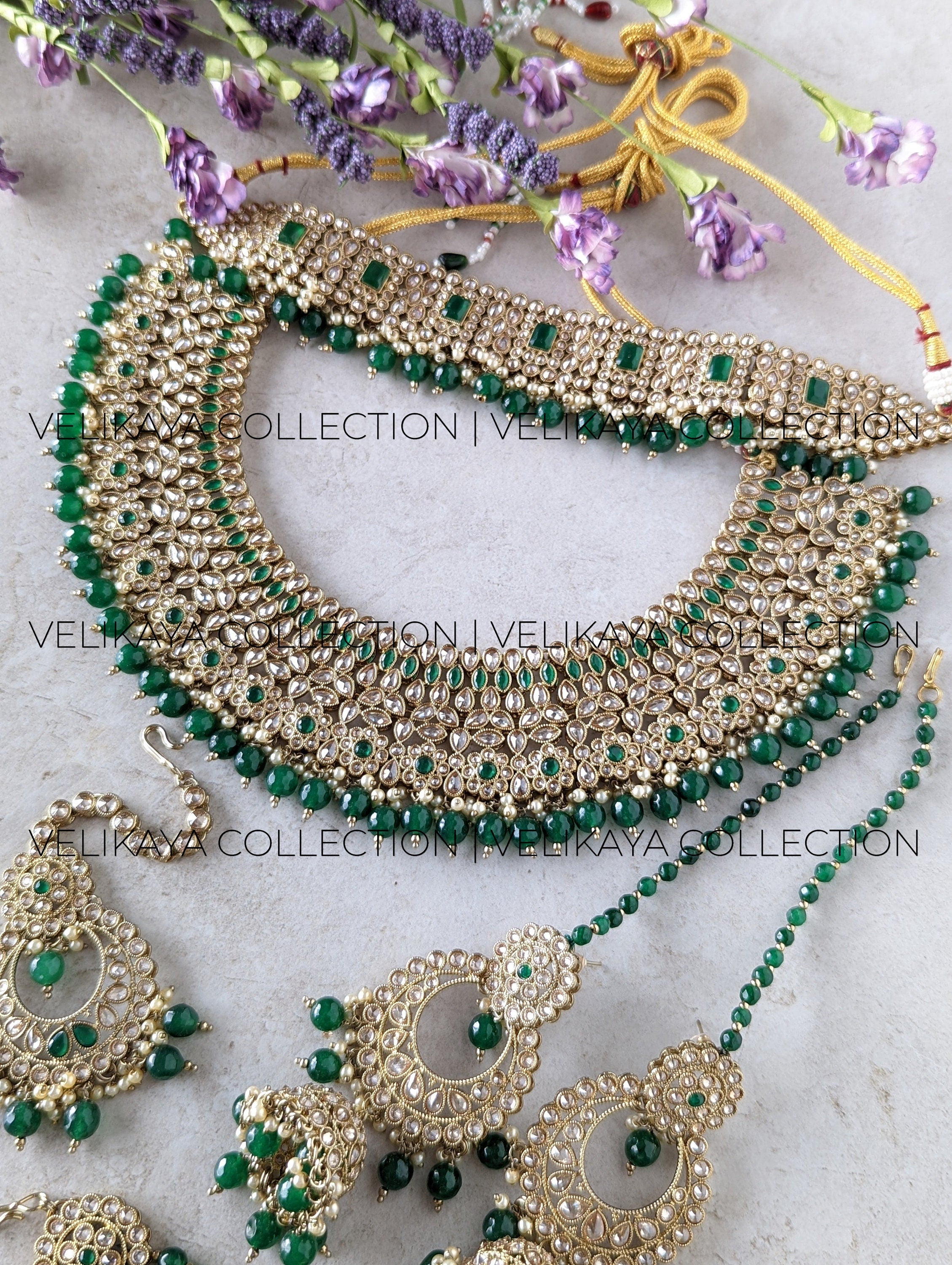 Ada - Green Wedding Necklace Jhumkas Tikka and Pasa